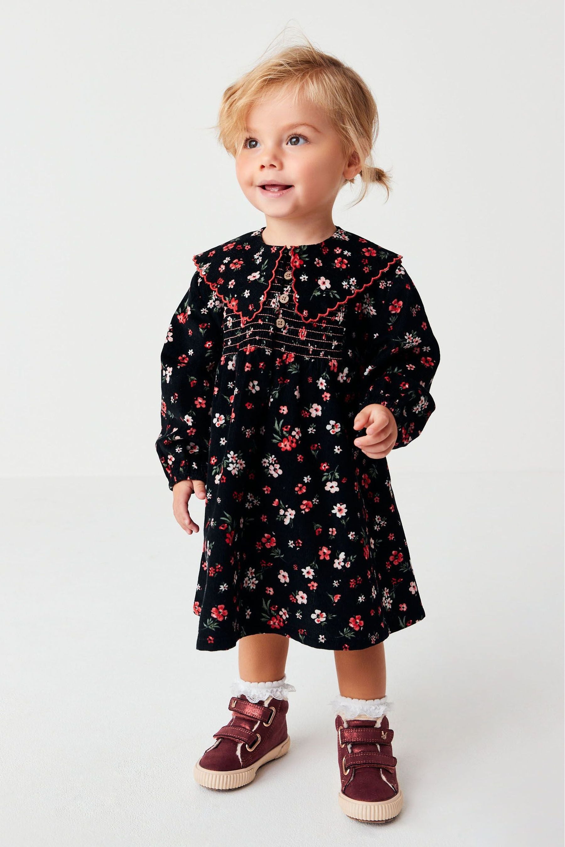 Black Ditsy Print Shirred Cord Collar Dress (3mths-7yrs)