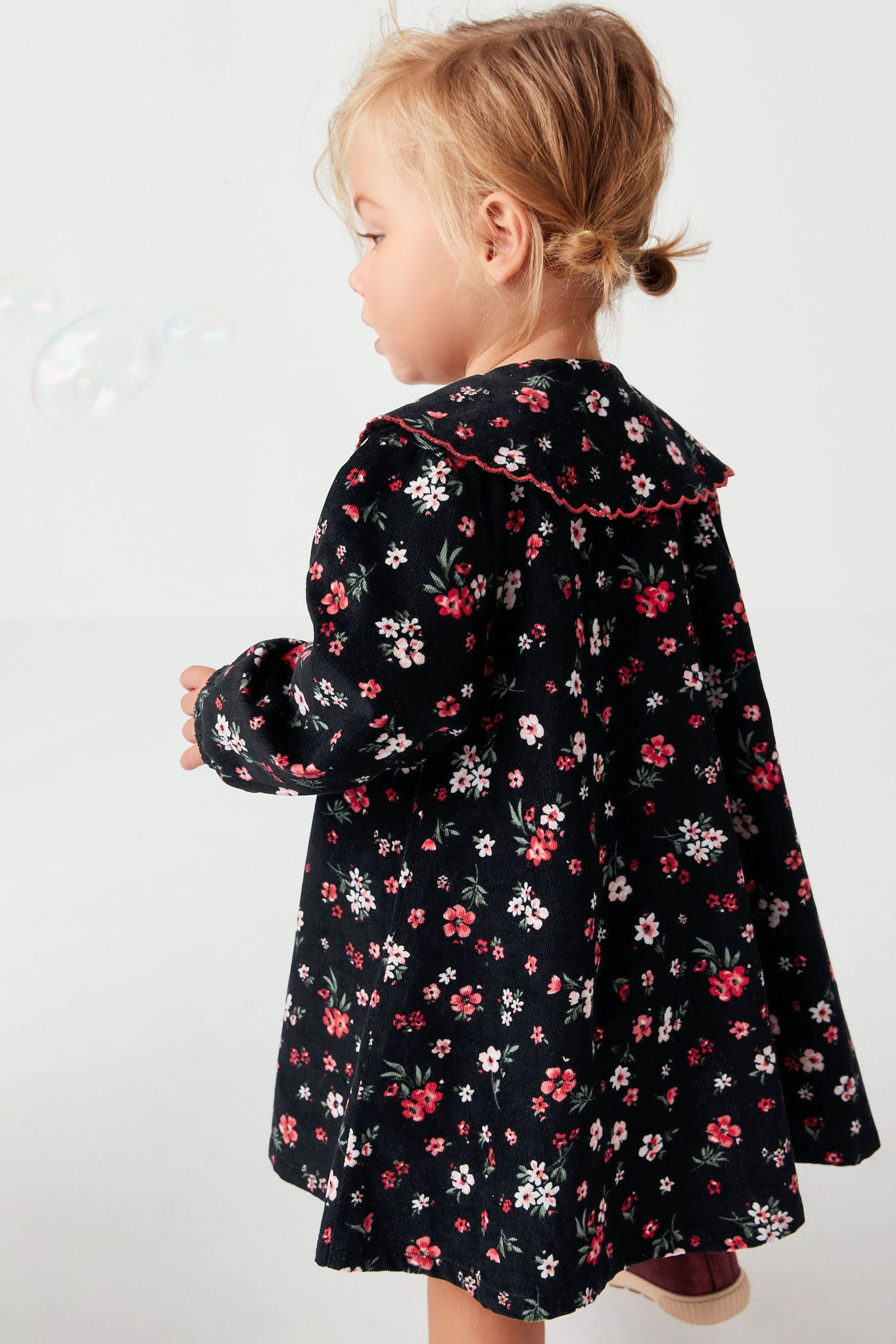 Black Ditsy Print Shirred Cord Collar Dress (3mths-7yrs)