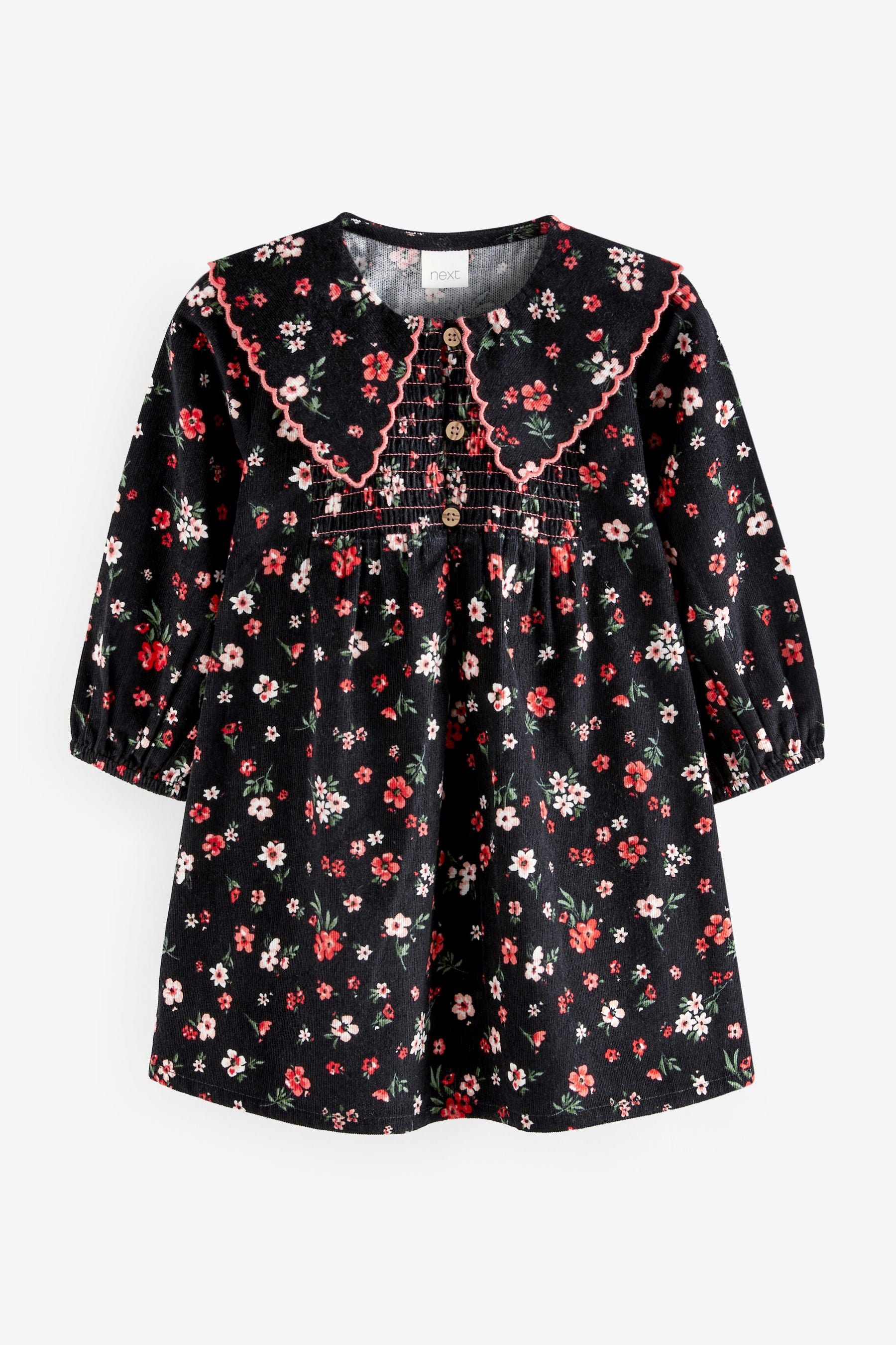 Black Ditsy Print Shirred Cord Collar Dress (3mths-7yrs)