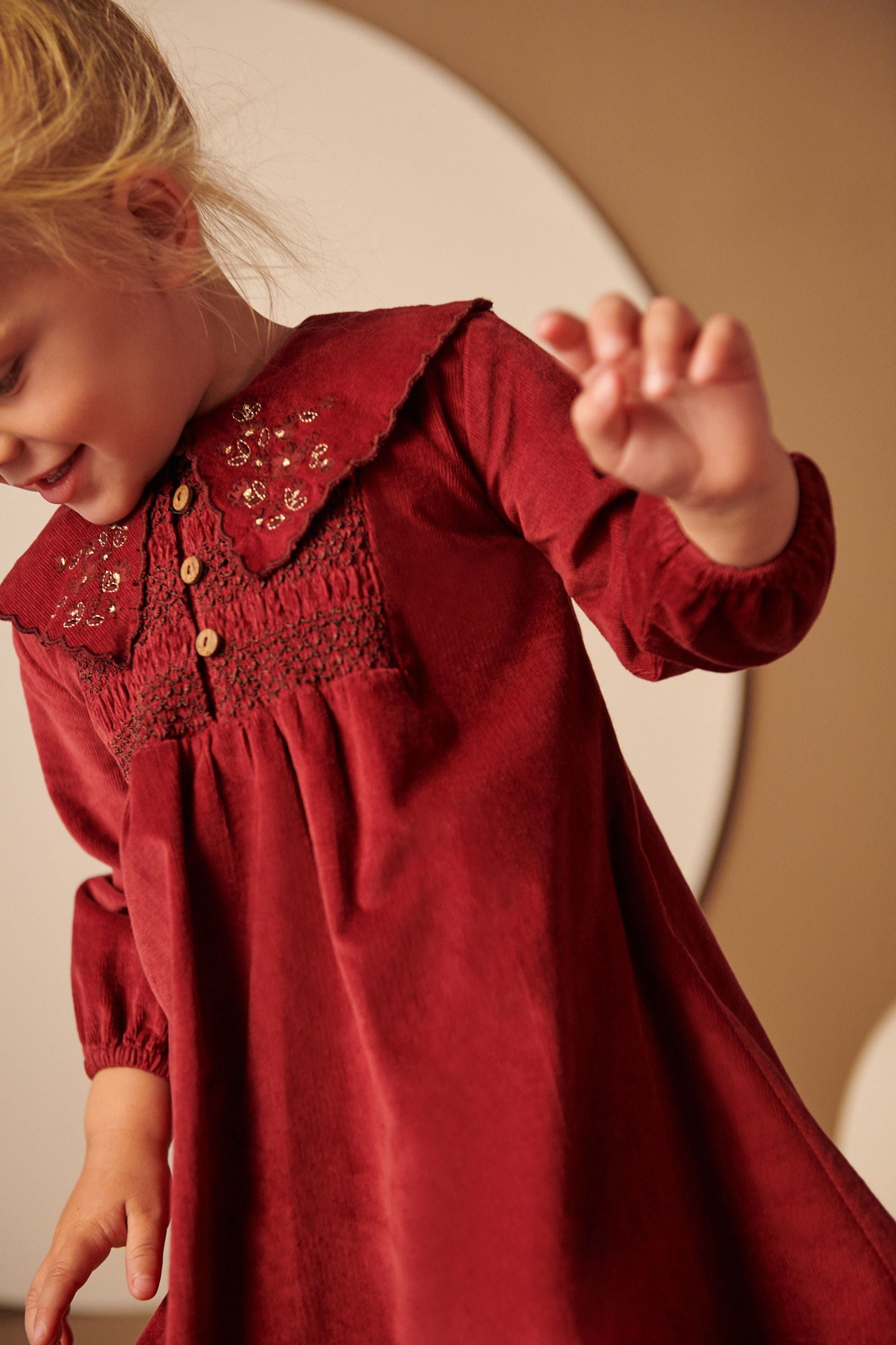 Red Embroidered Shirred Cord Collar Dress (3mths-7yrs)