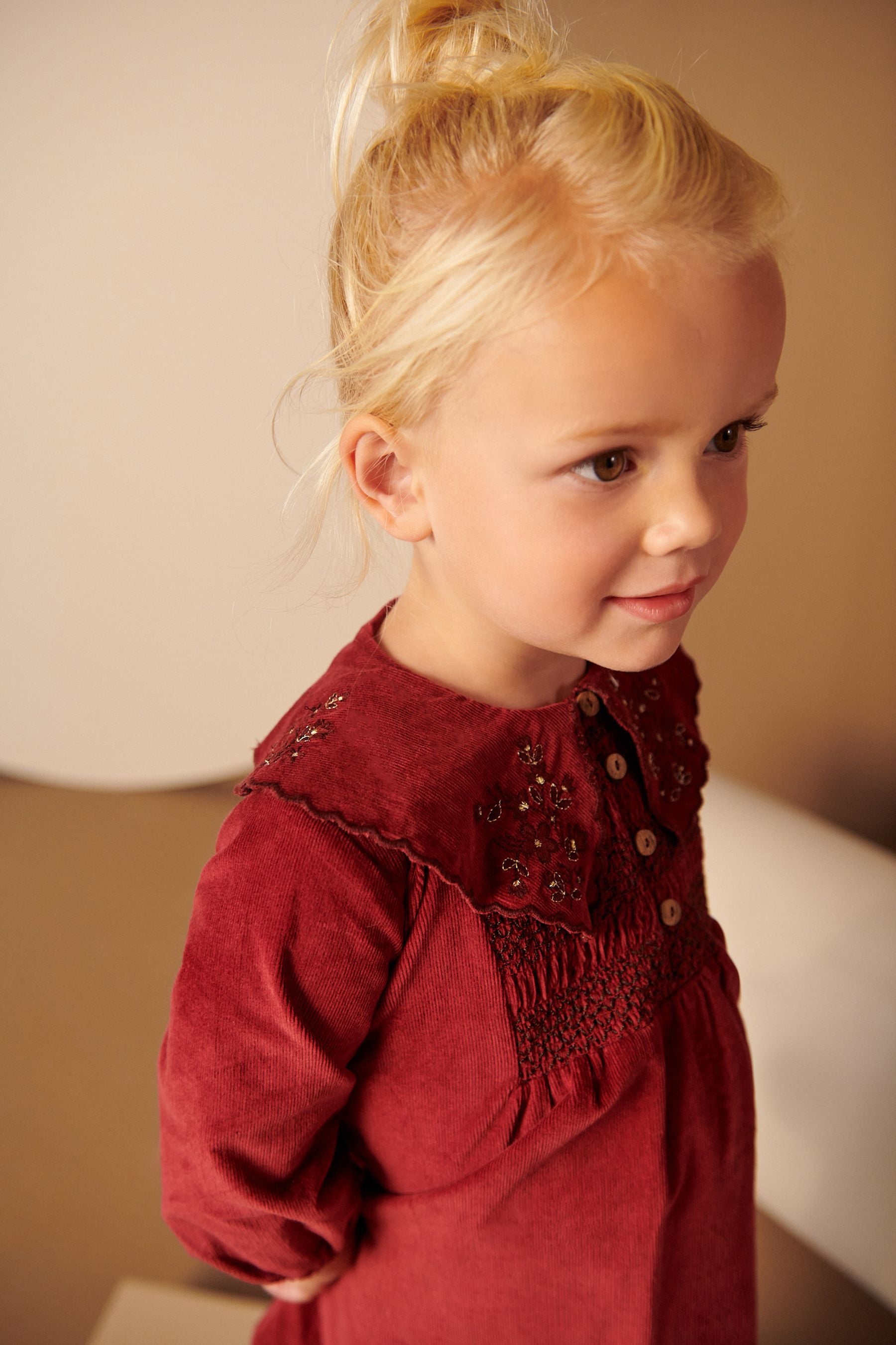 Red Embroidered Shirred Cord Collar Dress (3mths-7yrs)