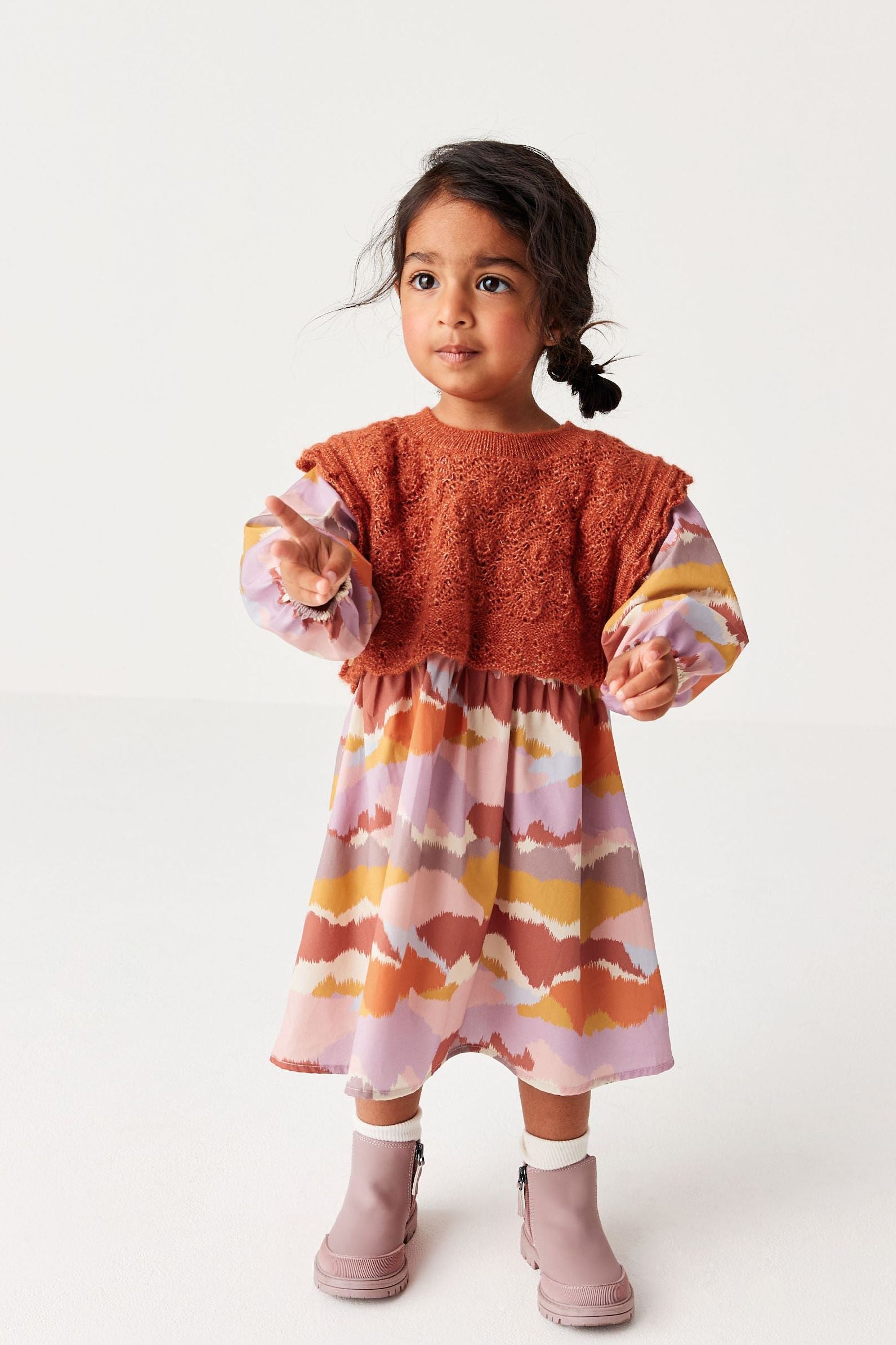 Rust Orange/Pink Printed Dress And Knitted Tank Set (3mths-8yrs)