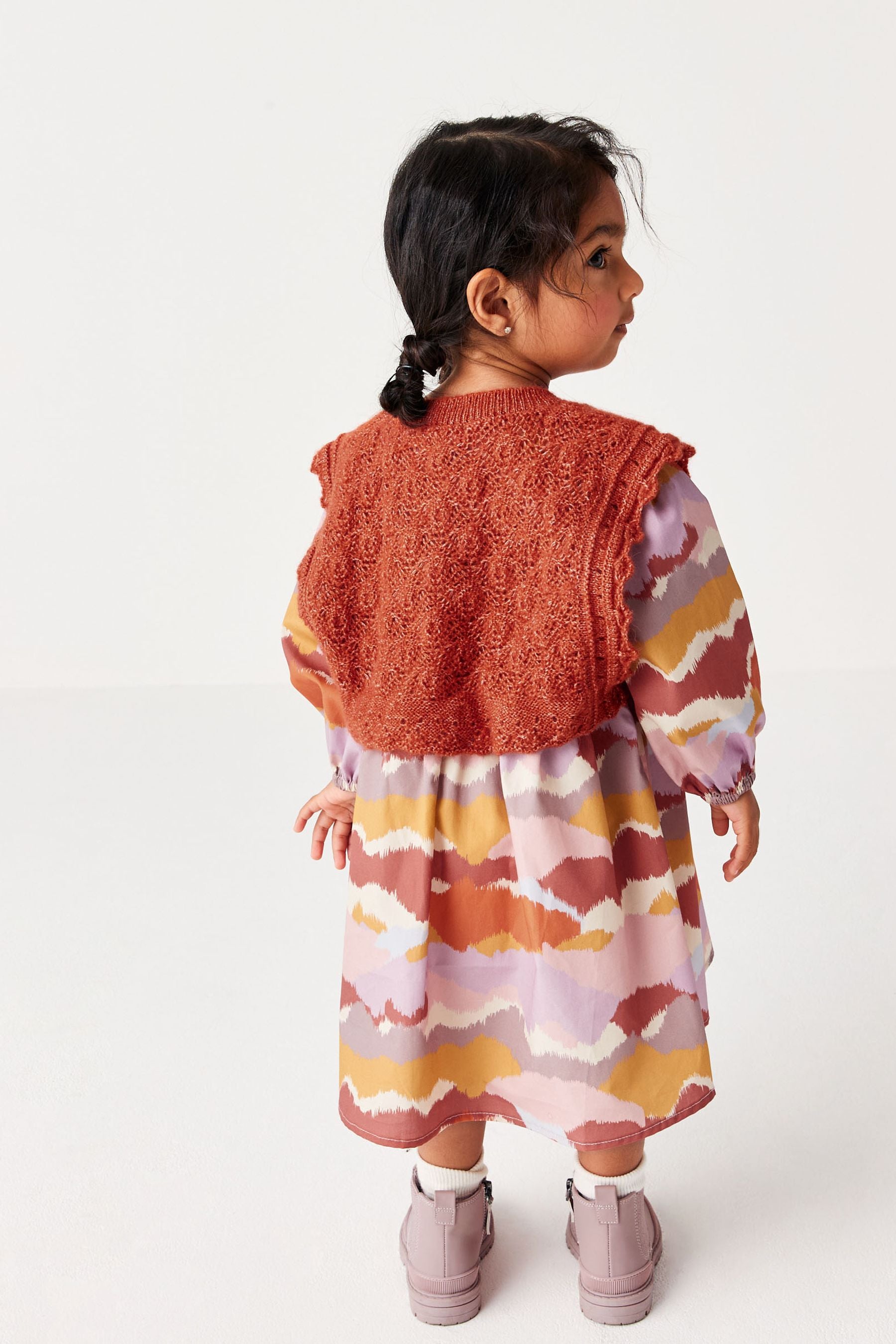 Rust Orange/Pink Printed Dress And Knitted Tank Set (3mths-8yrs)