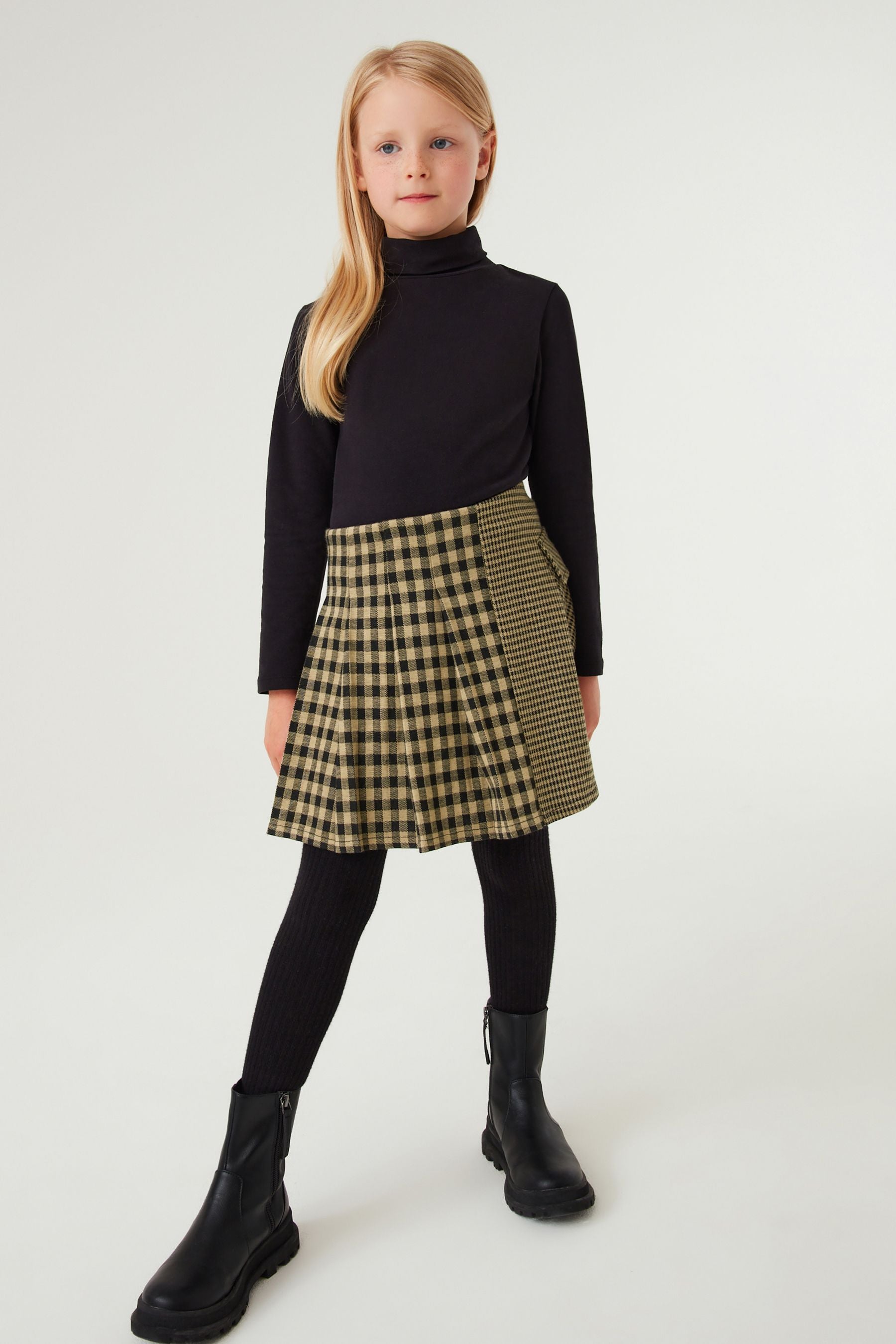 Neutral/Chocolate Brown Spliced Check Jacquard Skirt (3-16yrs)