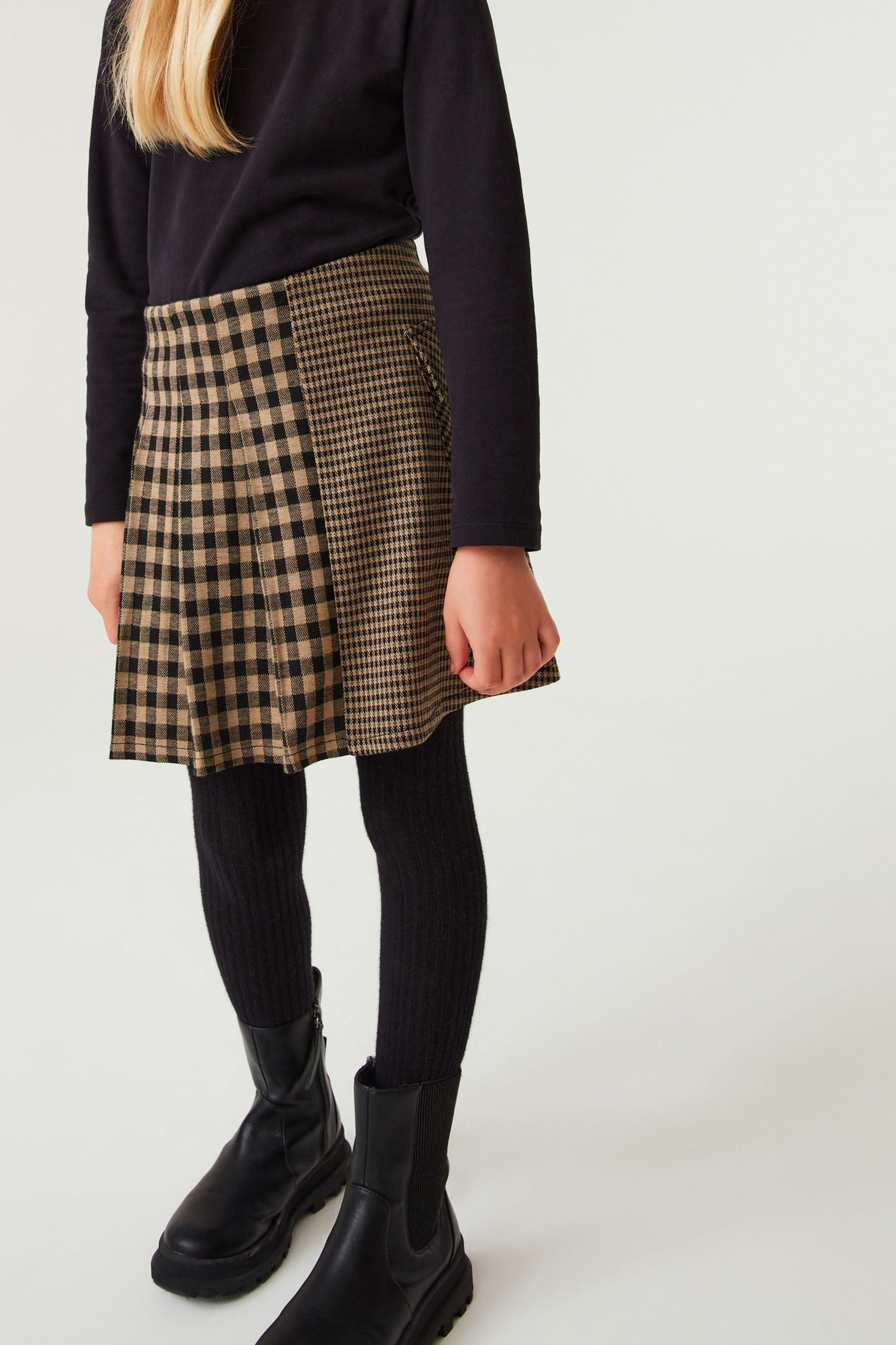 Neutral/Chocolate Brown Spliced Check Jacquard Skirt (3-16yrs)