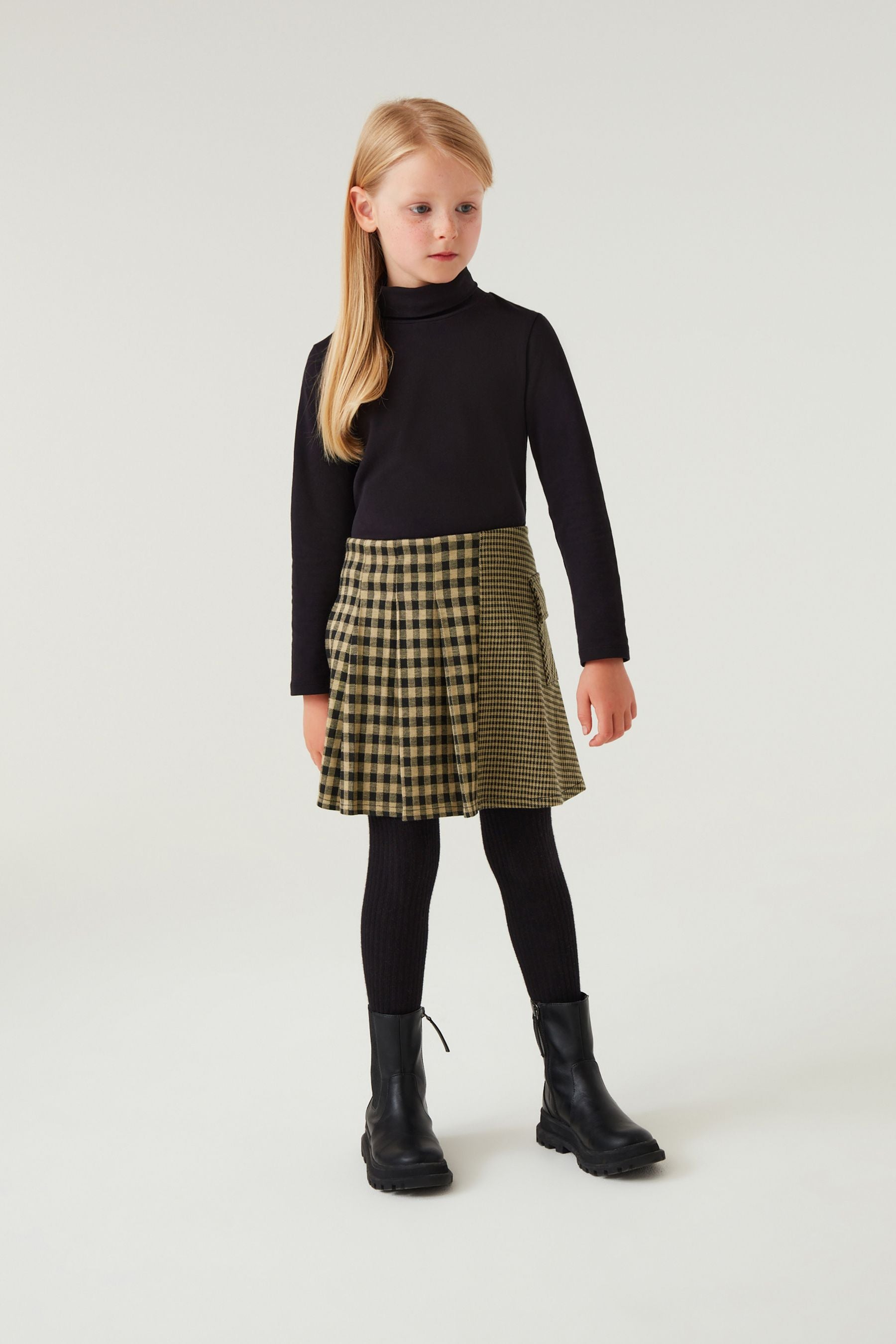 Neutral/Chocolate Brown Spliced Check Jacquard Skirt (3-16yrs)