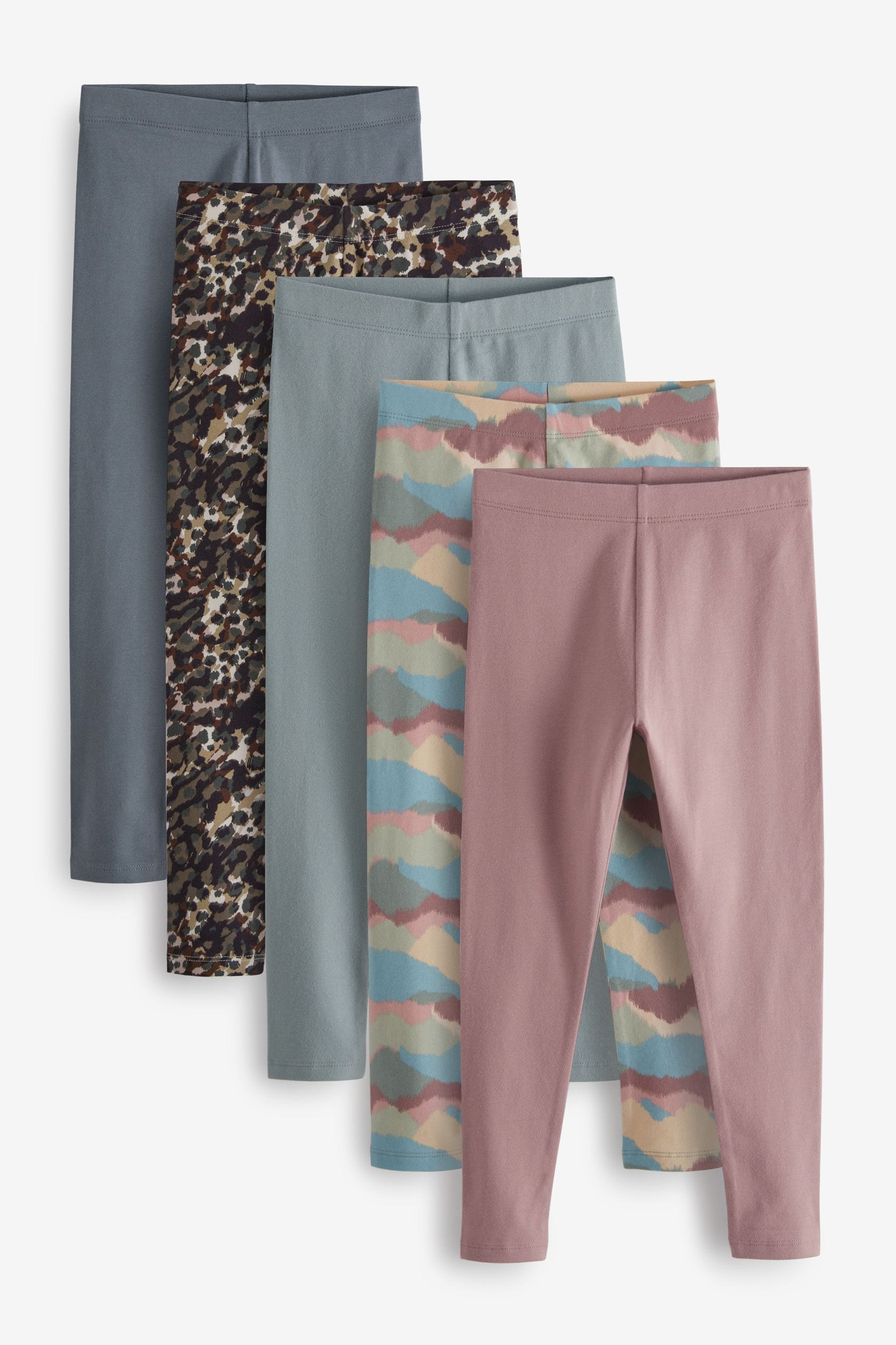 Pink/Mint Green/Animal/Landscape Print 5 Pack Leggings (3-16yrs)