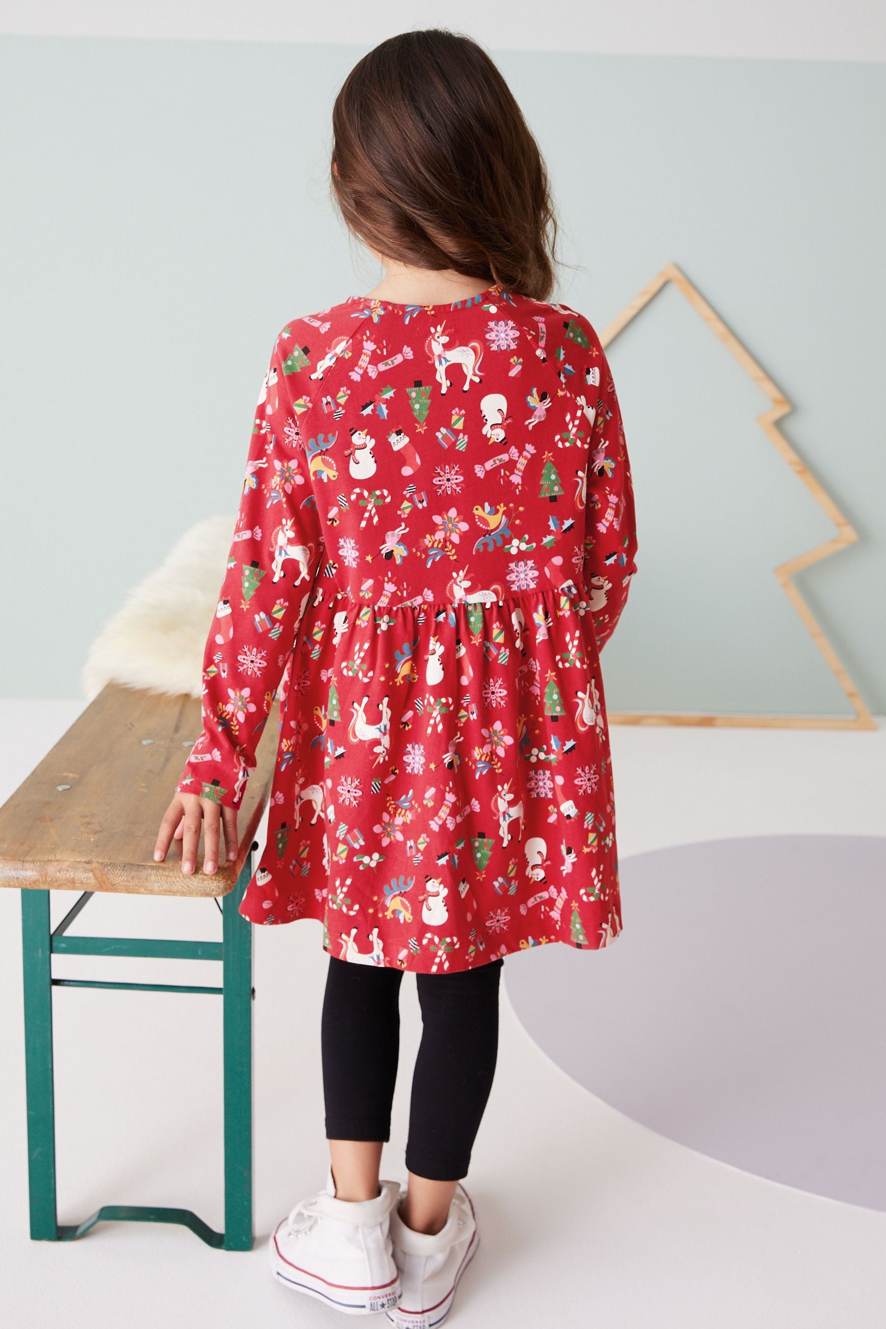 Red Character Christmas Long Sleeve Jersey Dress (3-16yrs)