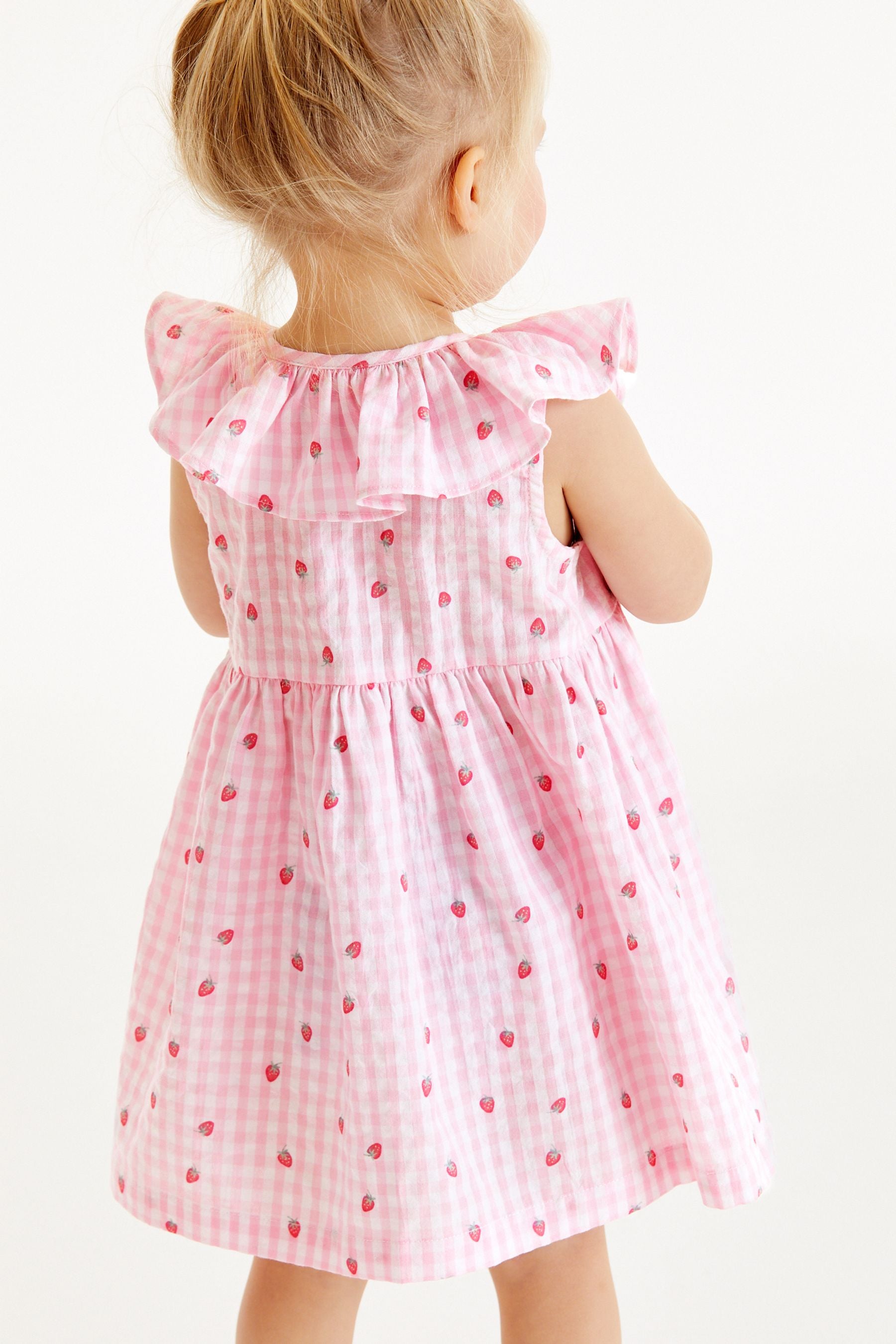 Pink Strawberry Gingham Sleeveless Frill Dress (3mths-8yrs)