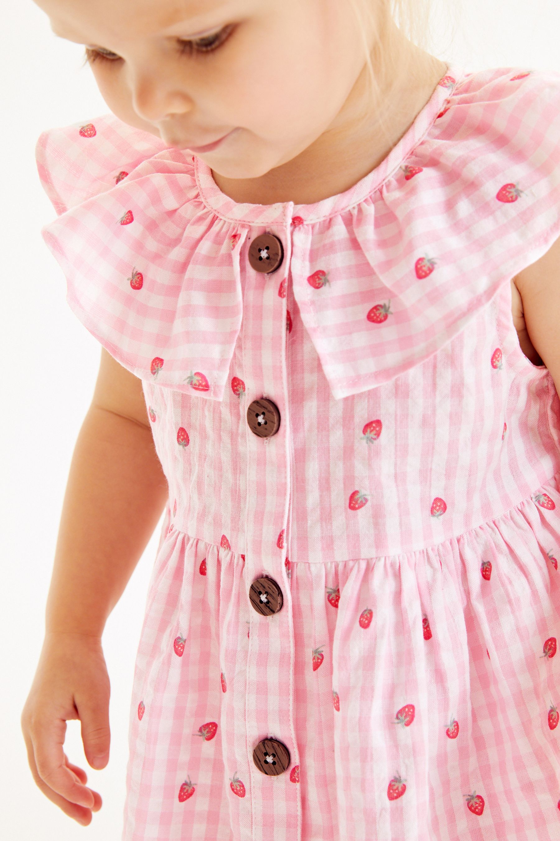 Pink Strawberry Gingham Sleeveless Frill Dress (3mths-8yrs)