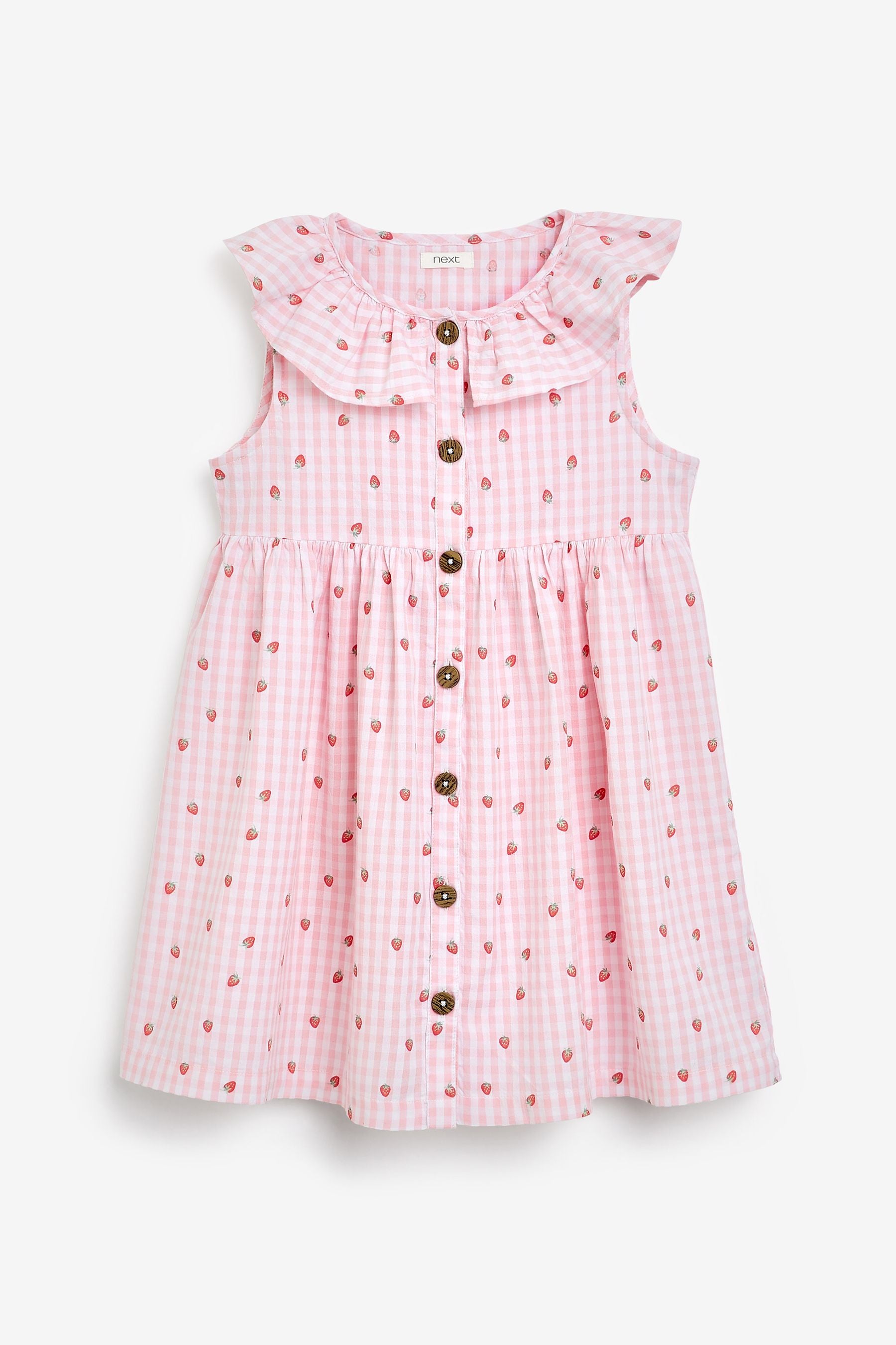 Pink Strawberry Gingham Sleeveless Frill Dress (3mths-8yrs)