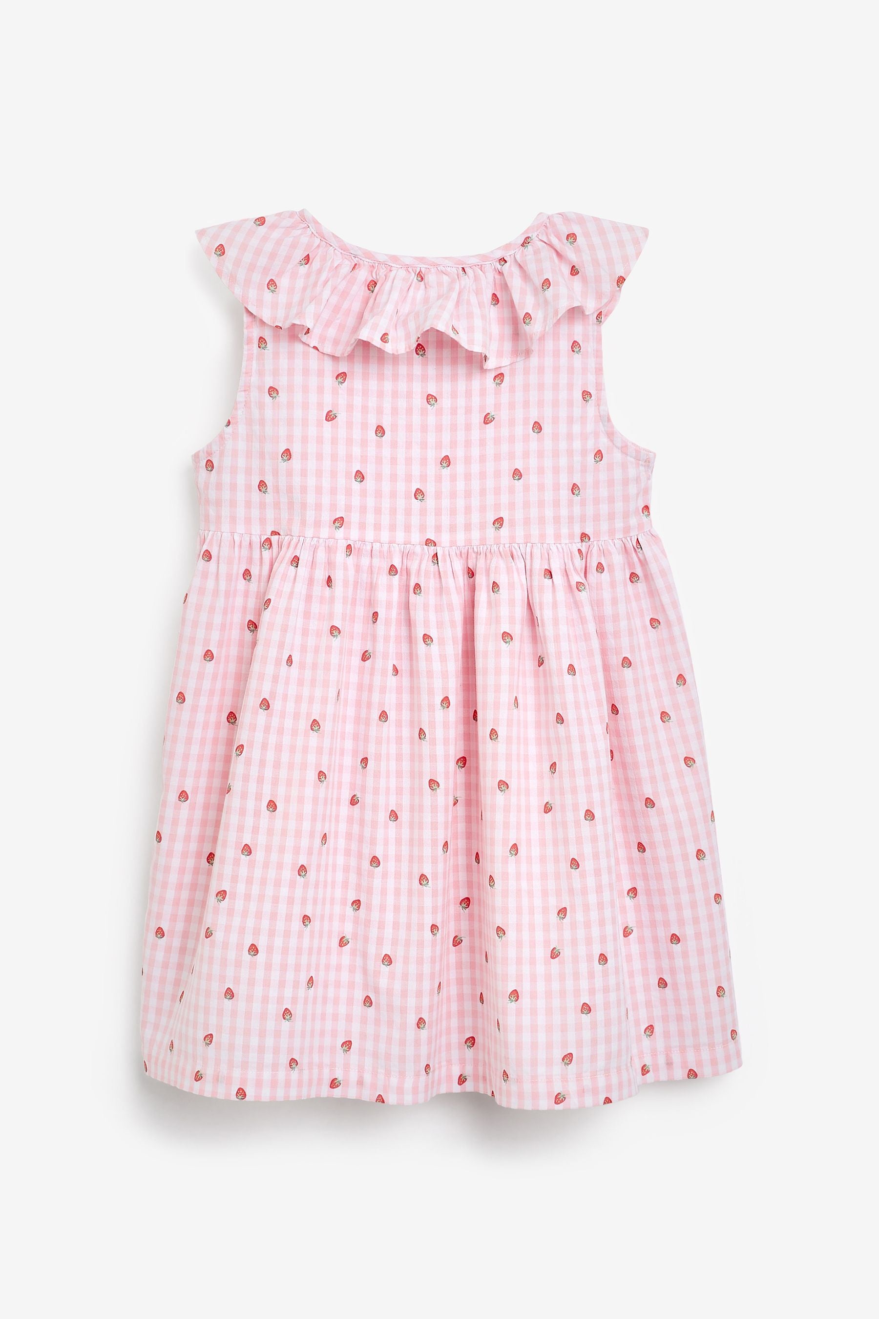 Pink Strawberry Gingham Sleeveless Frill Dress (3mths-8yrs)