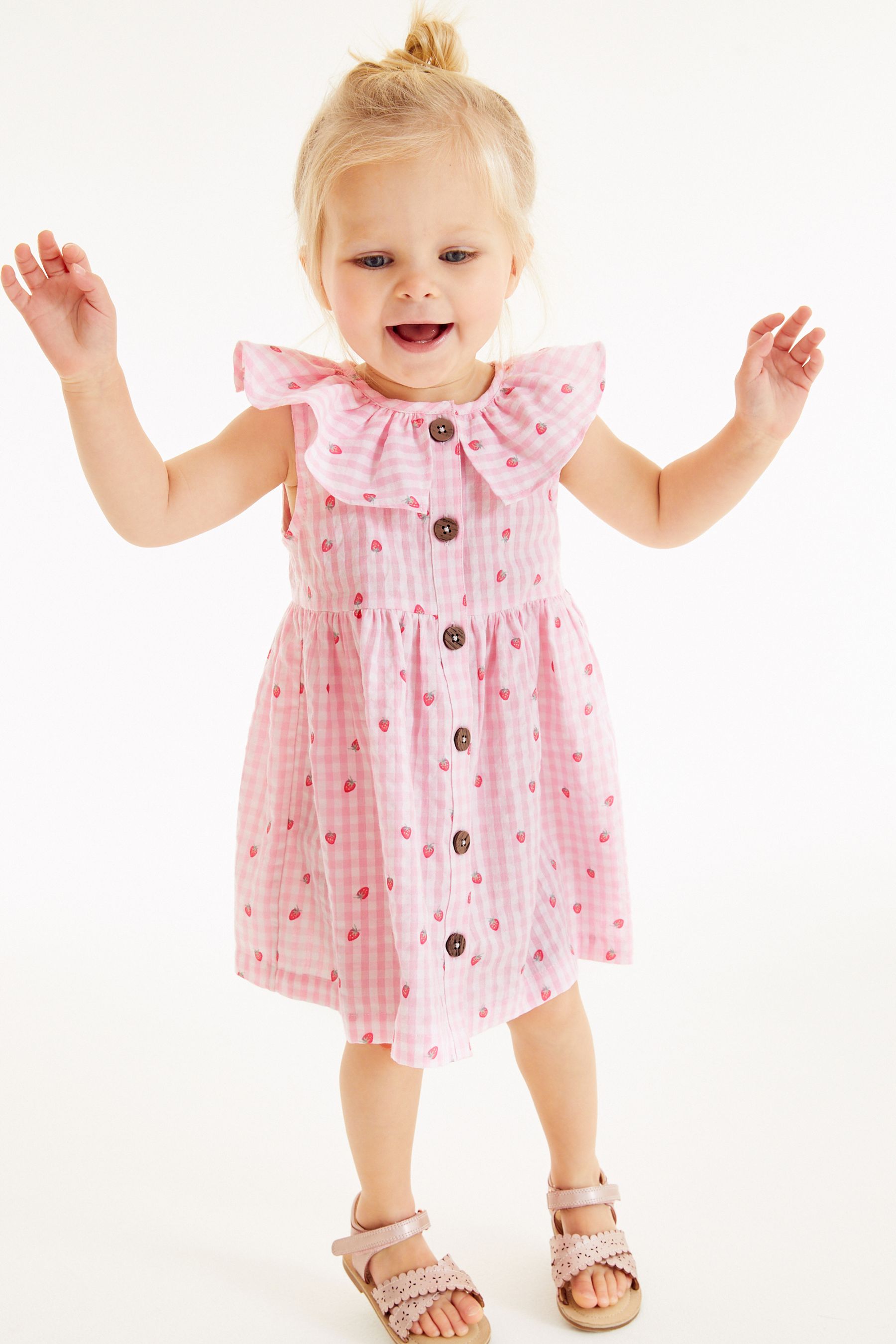 Pink Strawberry Gingham Sleeveless Frill Dress (3mths-8yrs)