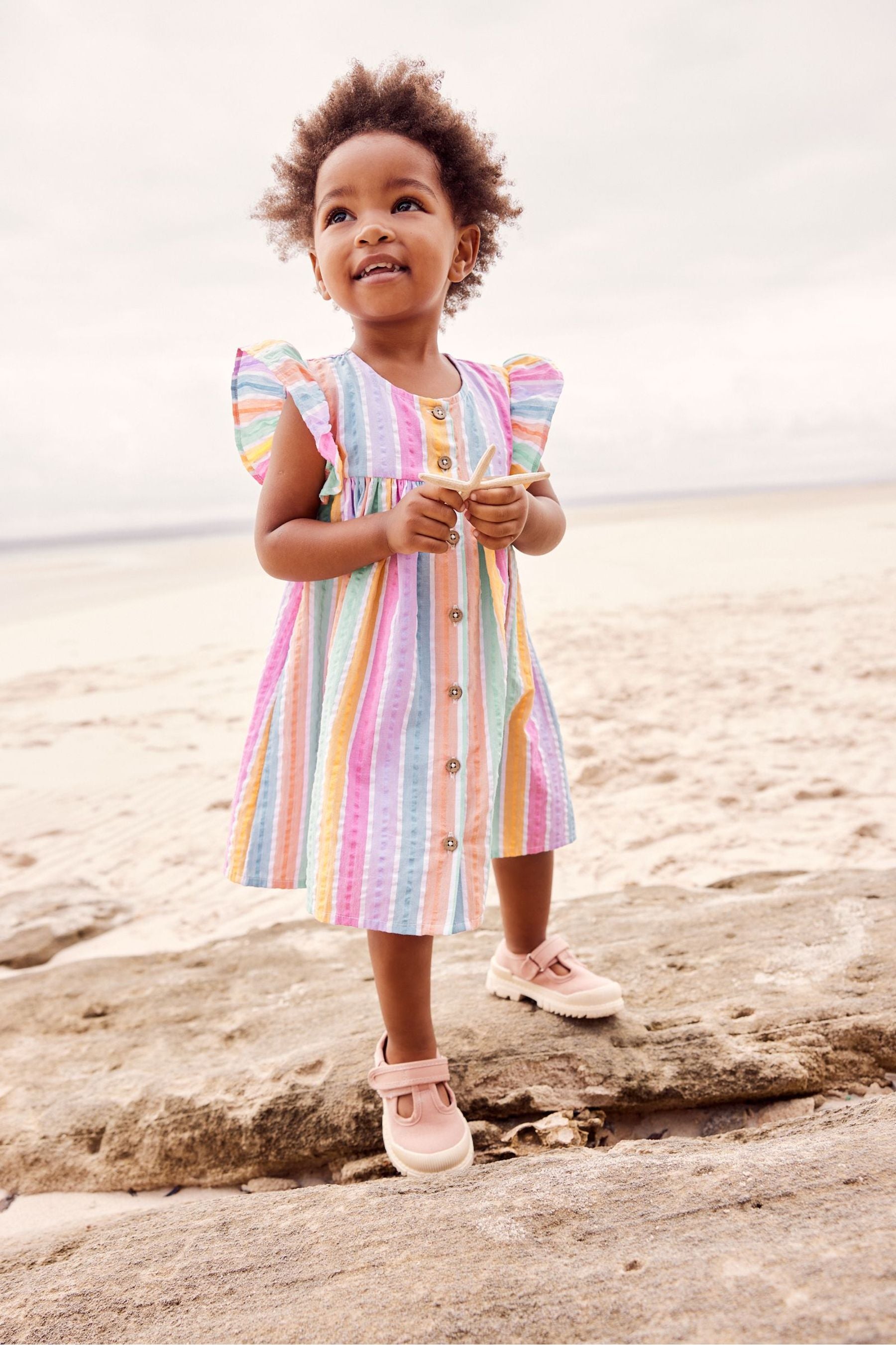 Rainbow Stripe Frill Sleeve Cotton Dress (3mths-8yrs)