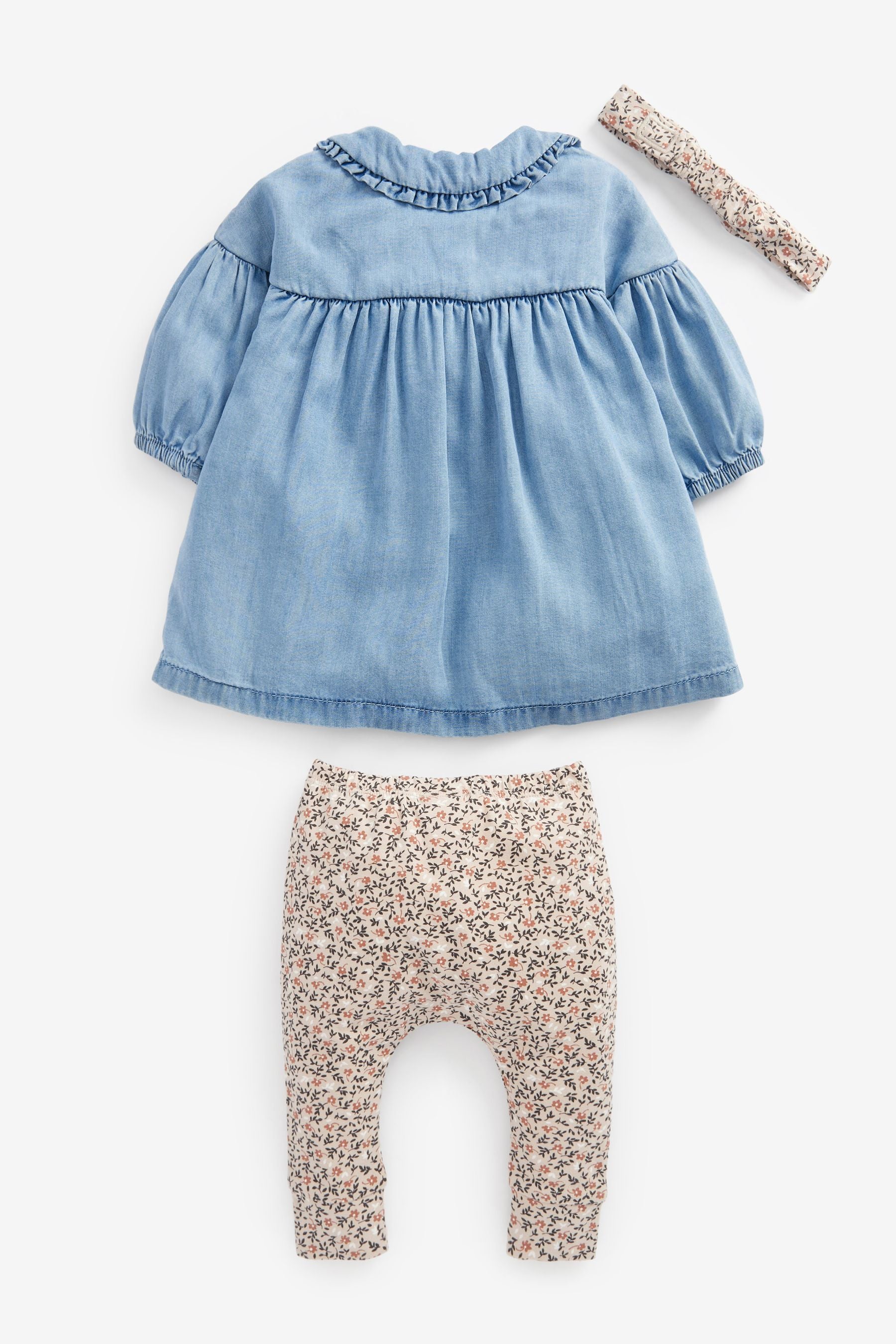 Denim Blue Baby 3 Piece Dress, Leggings And Headband Set (0mths-2yrs)