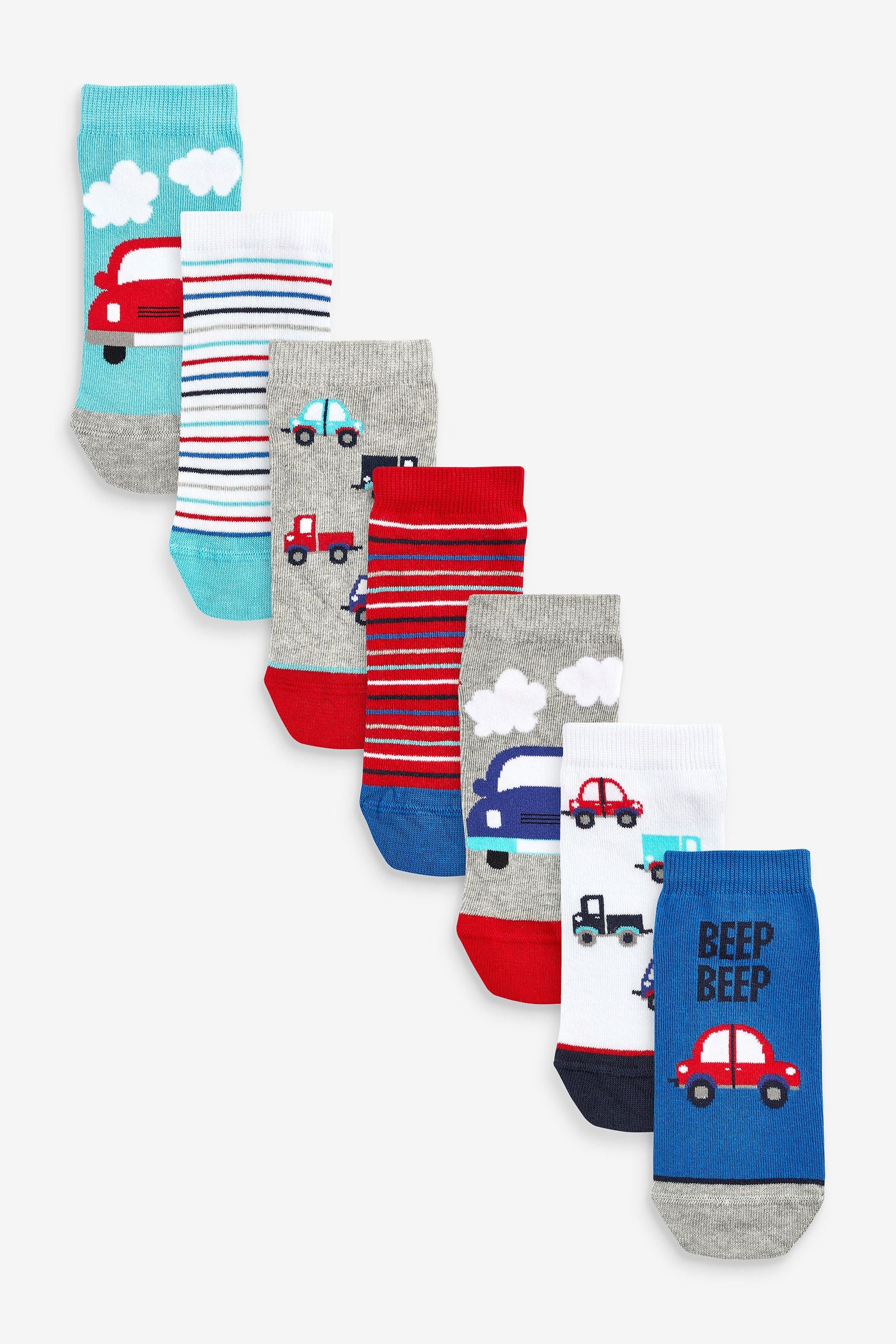 Red/Blue/White Cars 7 Pack Cotton Rich Trainer Socks