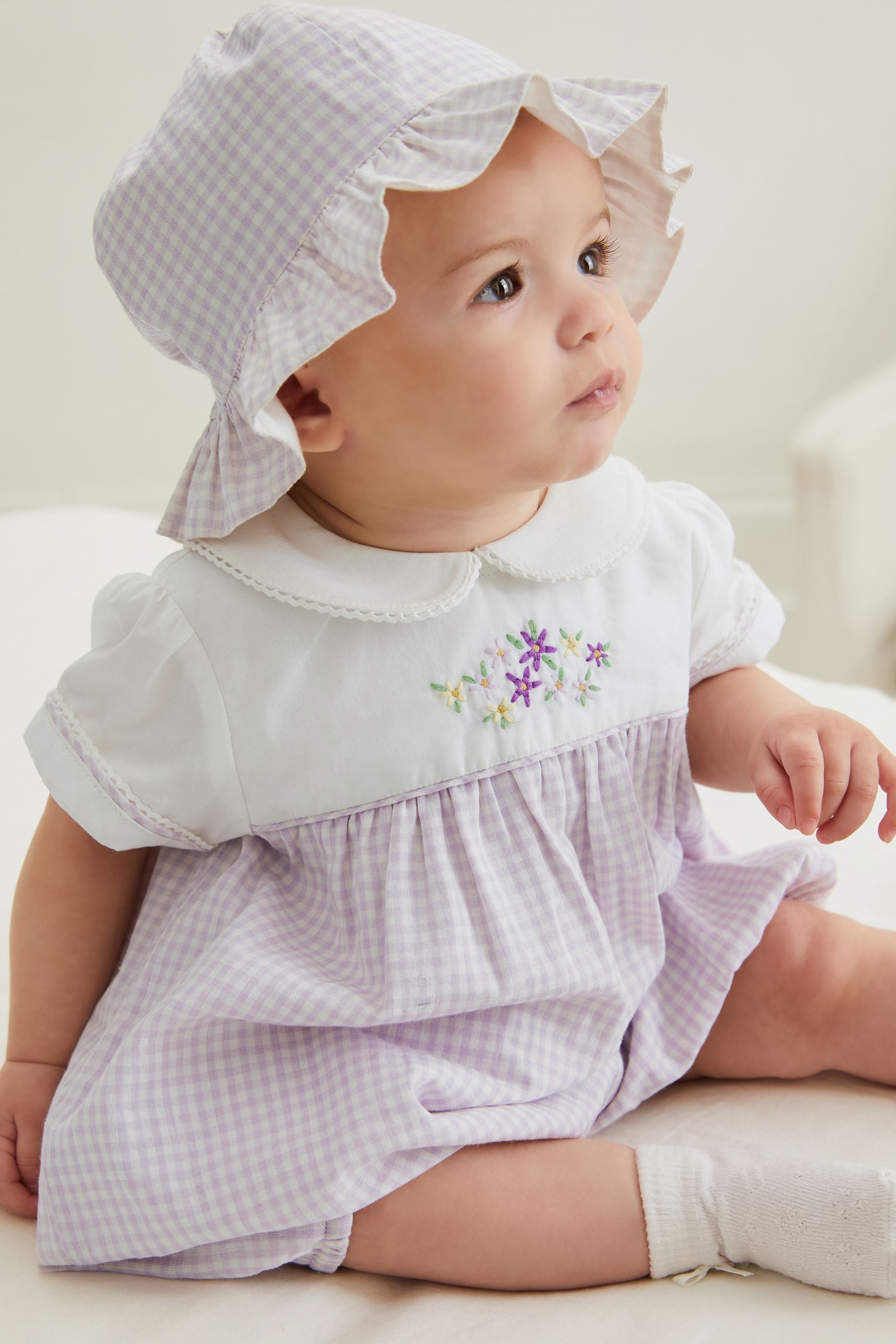 Lilac Purple 2 Piece Baby Gingham Smart Romper And Hat Set (0mths-2yrs)