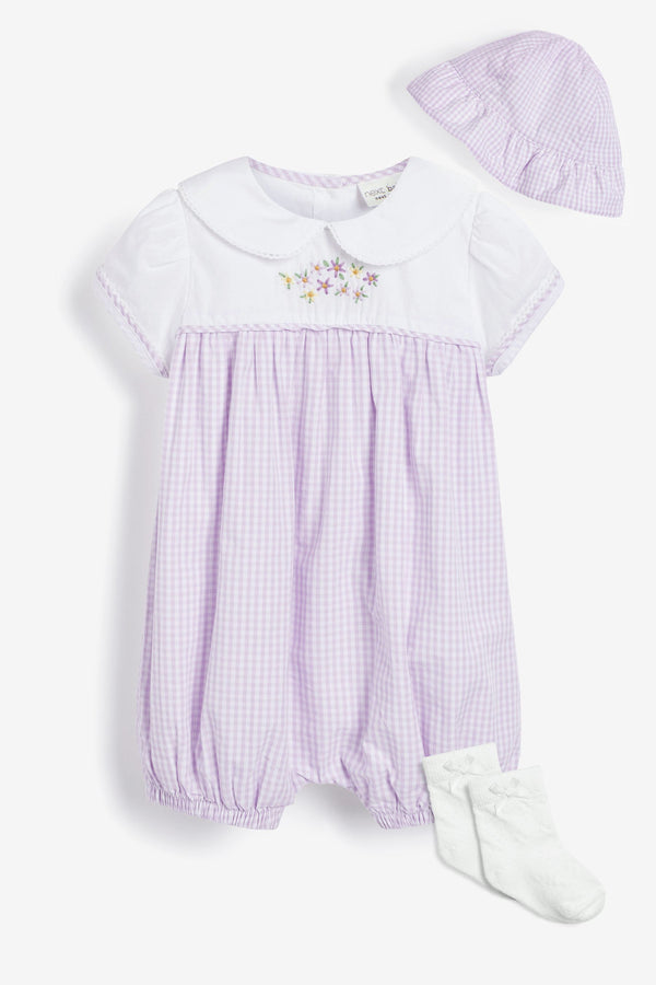 Lilac Purple 2 Piece Baby Gingham Smart Romper And Hat Set (0mths-2yrs)