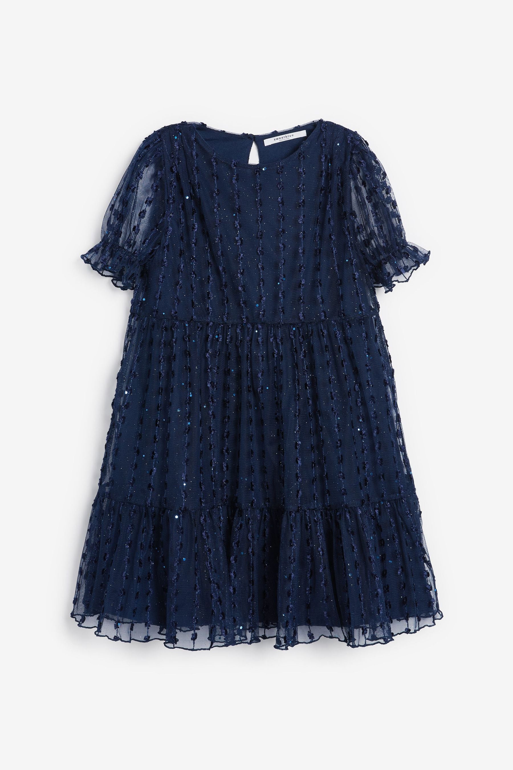 Navy Blue Sparkle Mesh Short Sleeve Tiered Party Dress (3-16yrs)