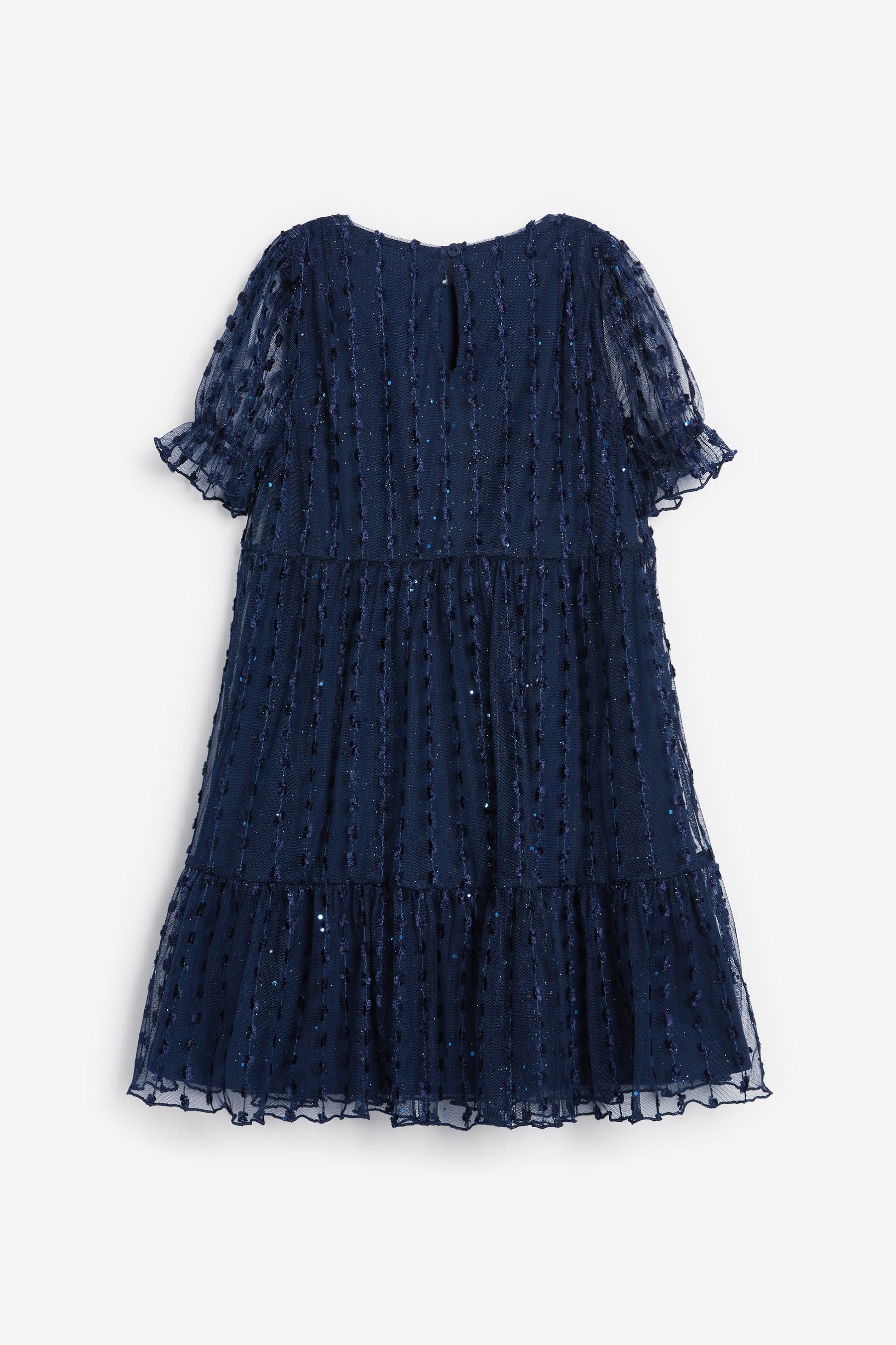 Navy Blue Sparkle Mesh Short Sleeve Tiered Party Dress (3-16yrs)