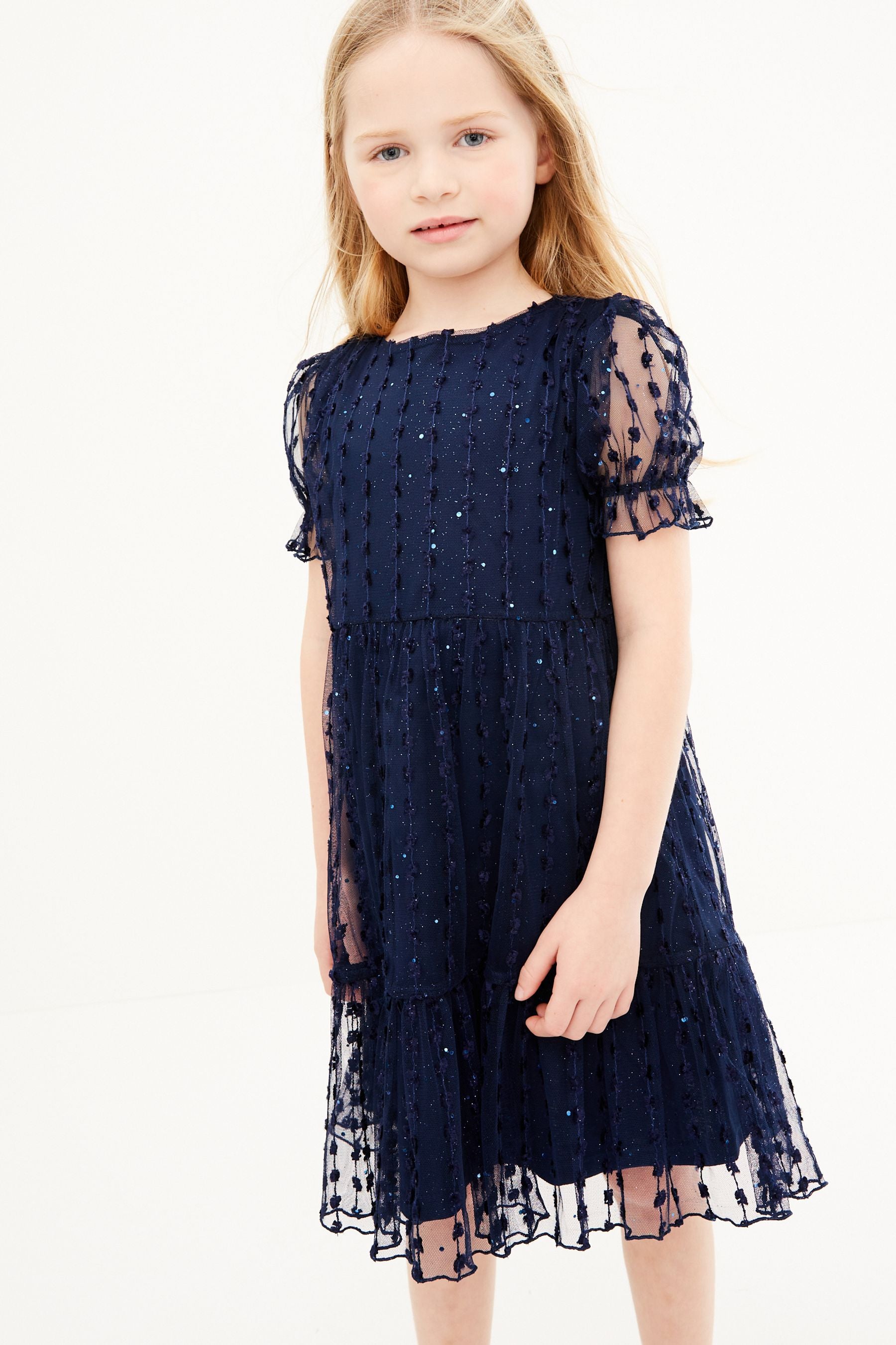 Navy Blue Sparkle Mesh Short Sleeve Tiered Party Dress (3-16yrs)