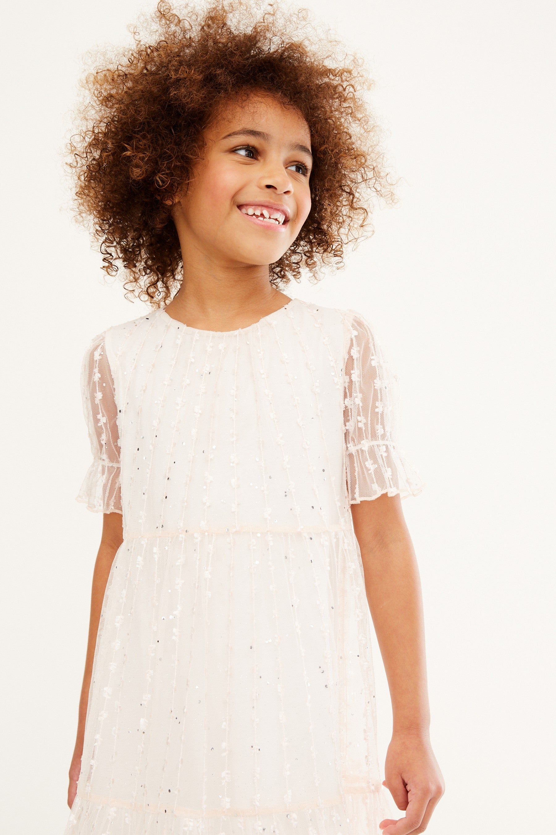 Ivory White Sparkle Mesh Short Sleeve Tiered Party Dress (3-16yrs)