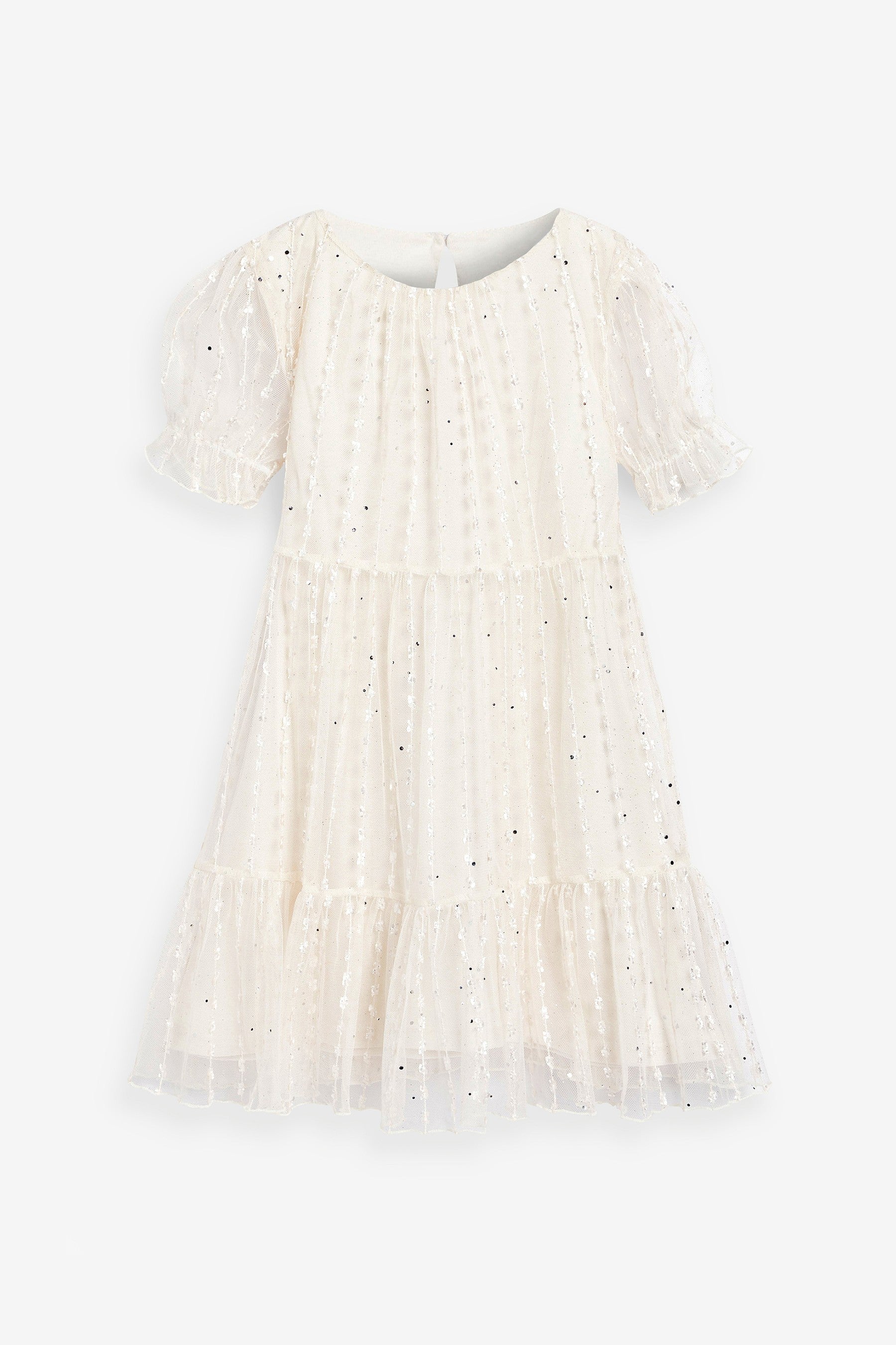 Ivory White Sparkle Mesh Short Sleeve Tiered Party Dress (3-16yrs)