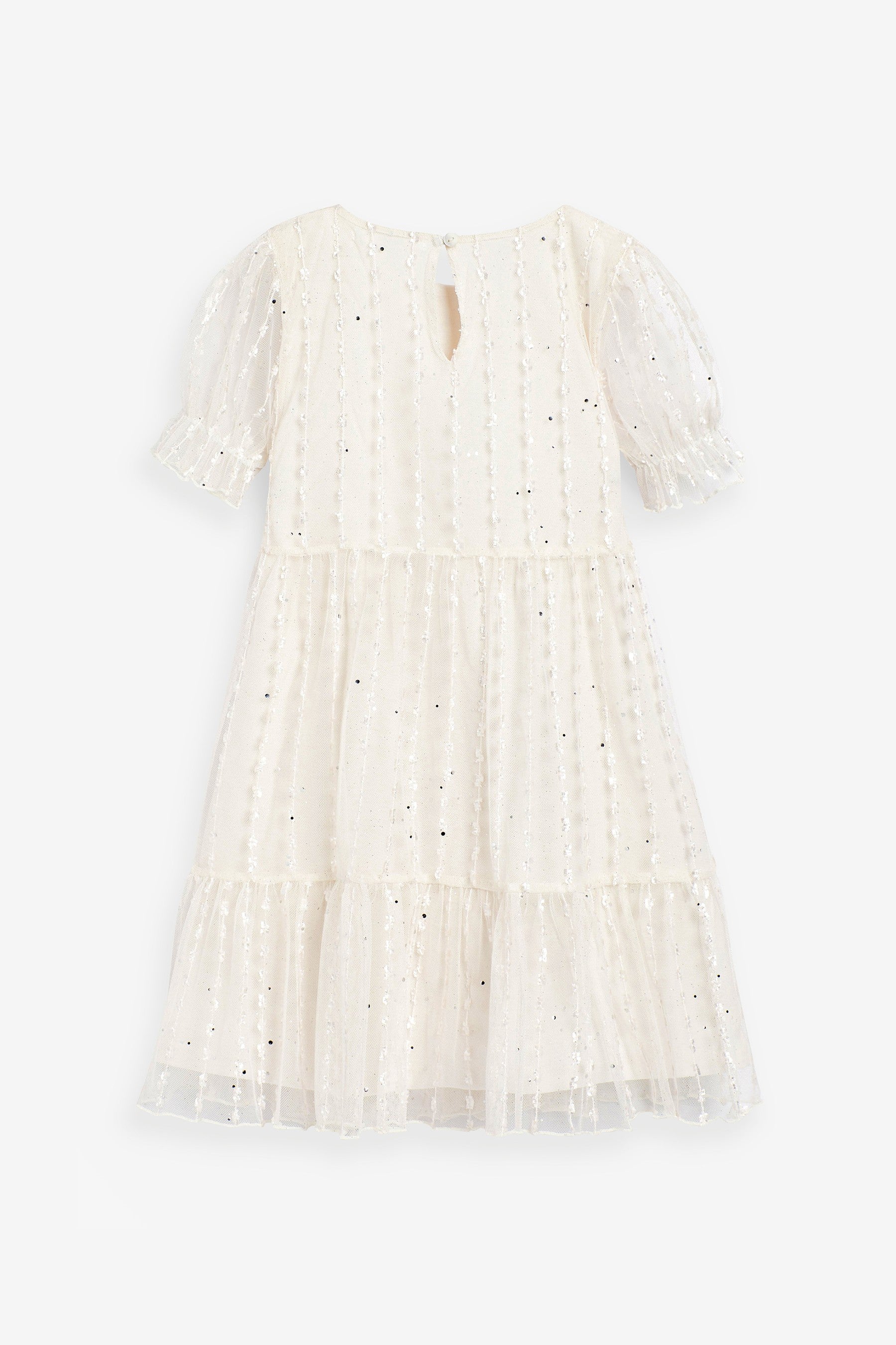 Ivory White Sparkle Mesh Short Sleeve Tiered Party Dress (3-16yrs)