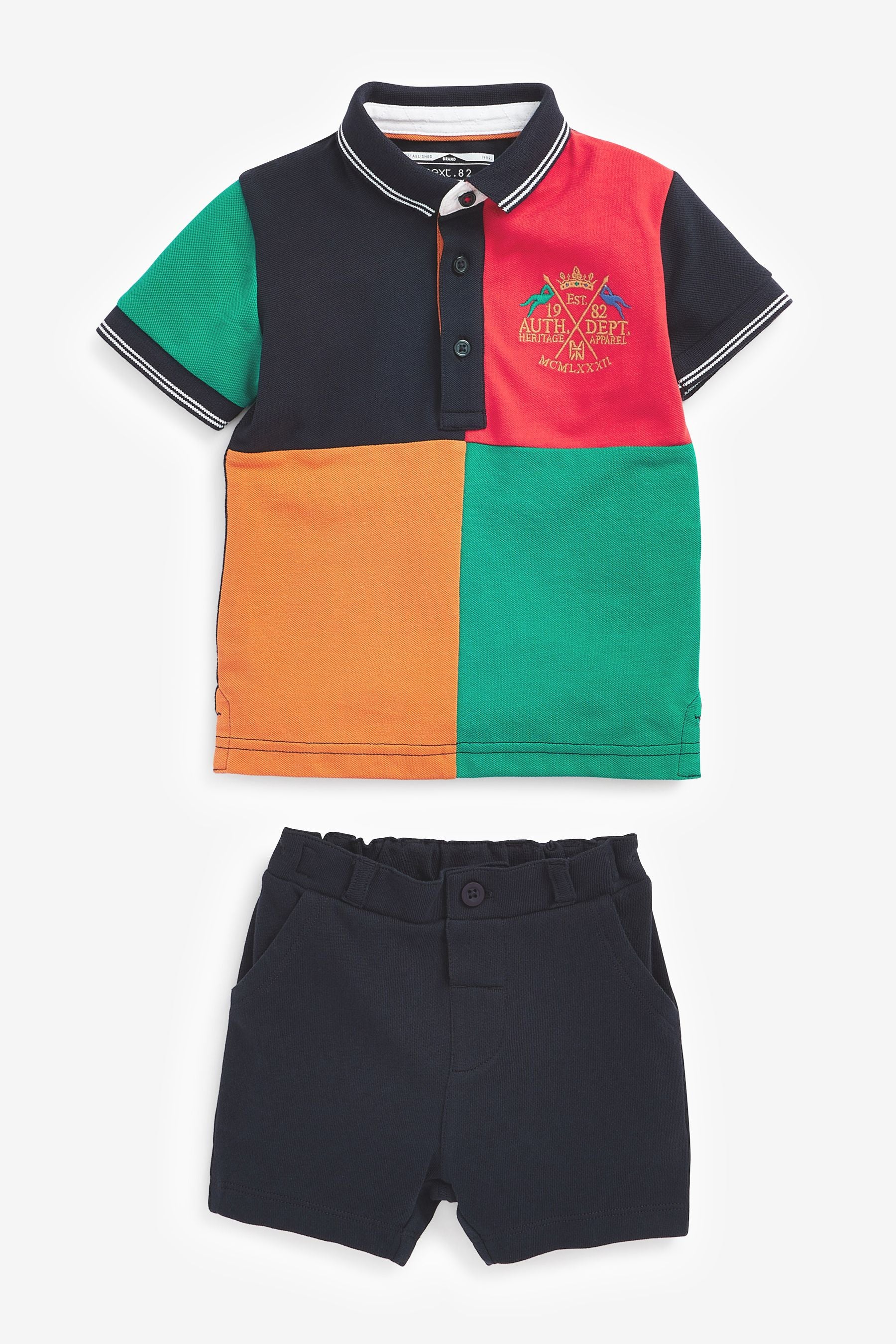 Black/Orange Colourblock Polo and Shorts Set (3mths-7yrs)