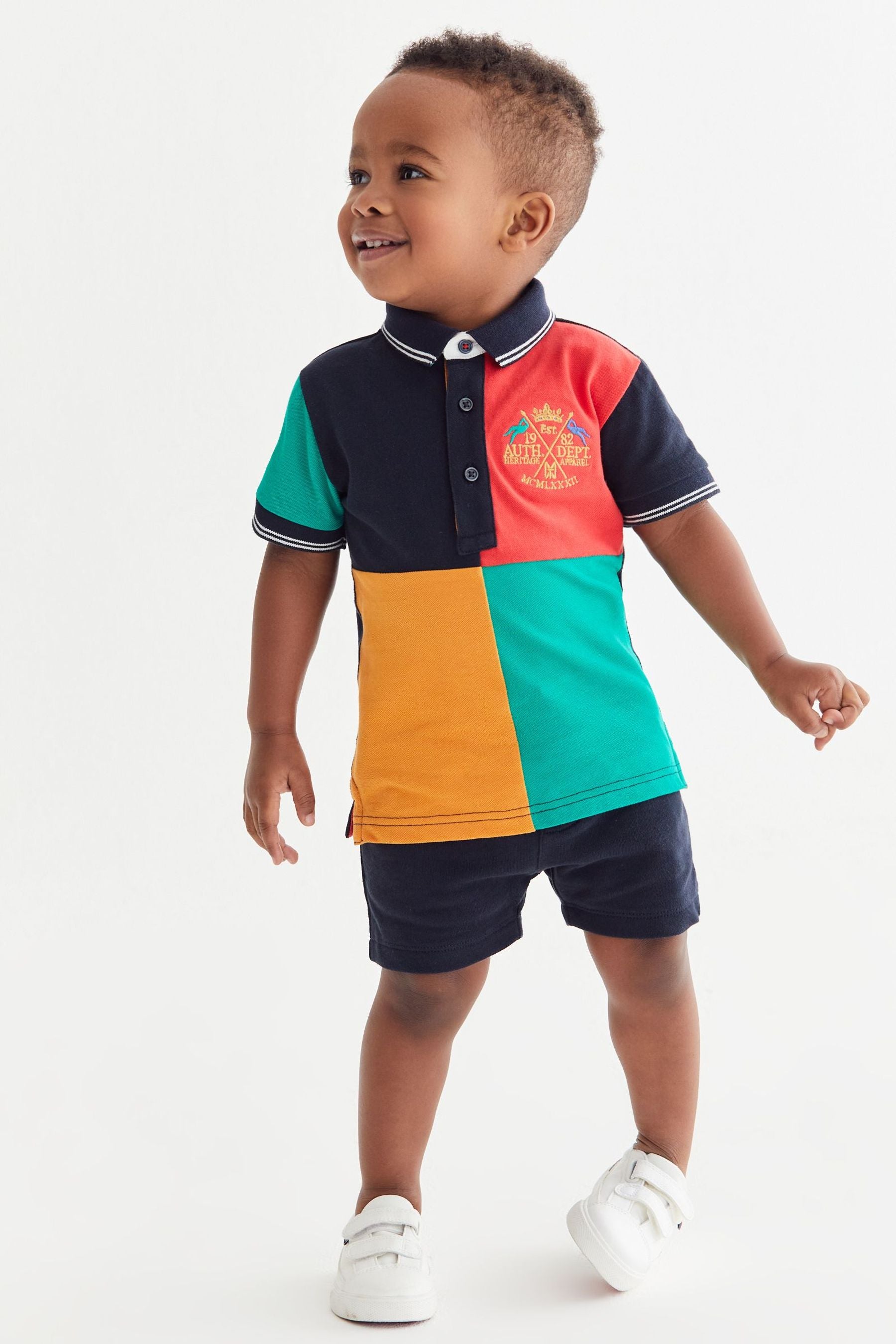 Black/Orange Colourblock Polo and Shorts Set (3mths-7yrs)