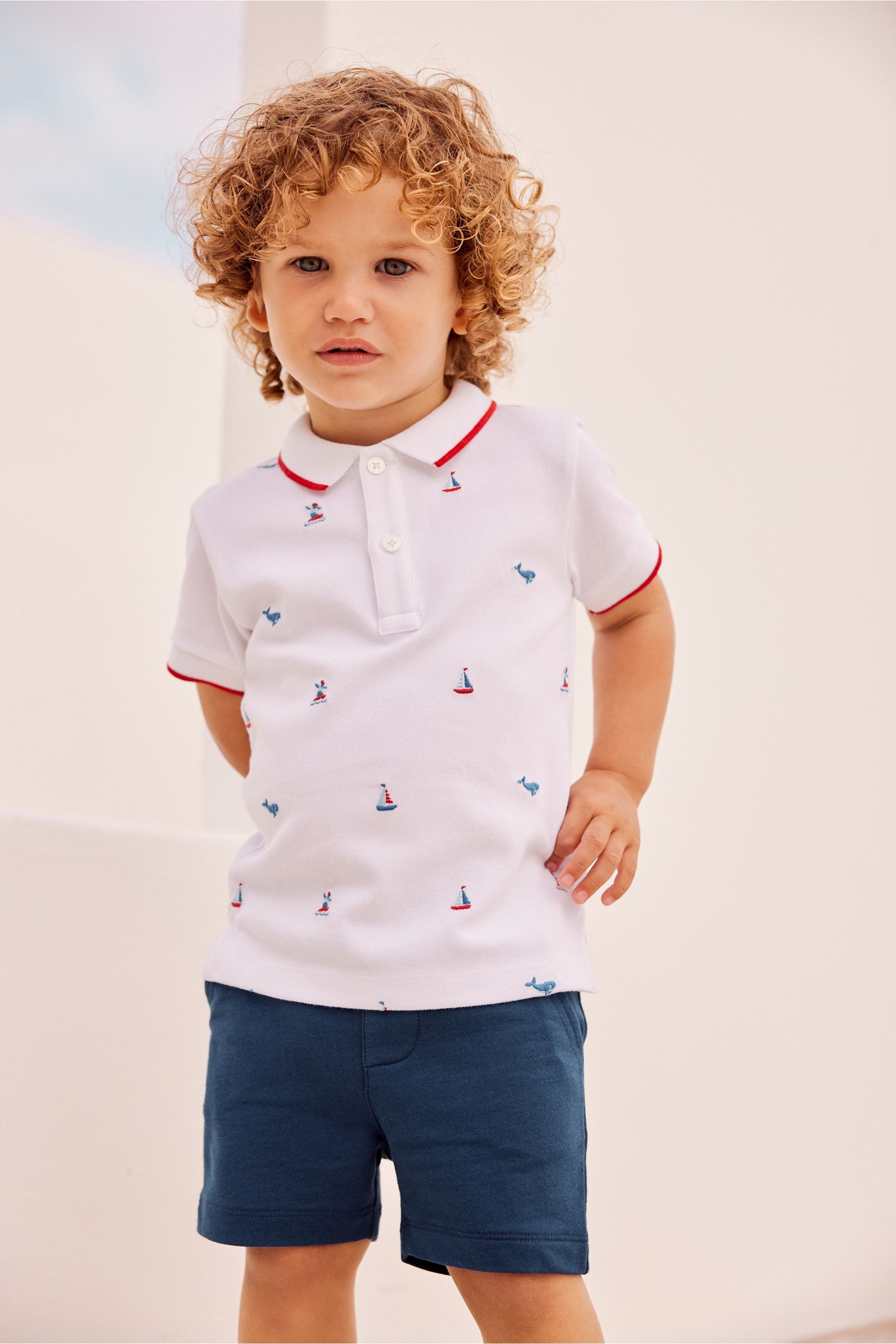 White/Navy Blue Boat Embroidery Polo And Shorts Set (3mths-7yrs)