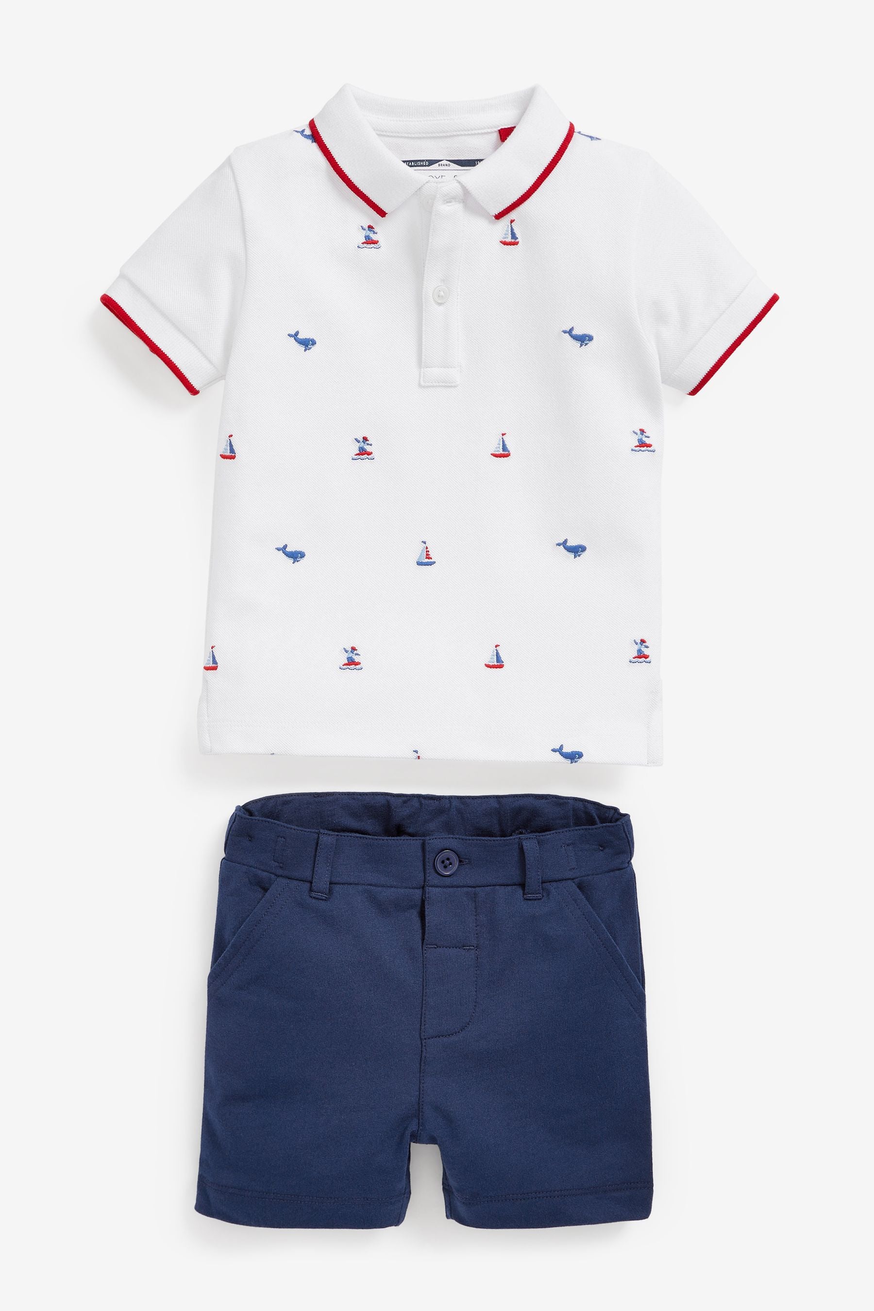 White/Navy Blue Boat Embroidery Polo And Shorts Set (3mths-7yrs)