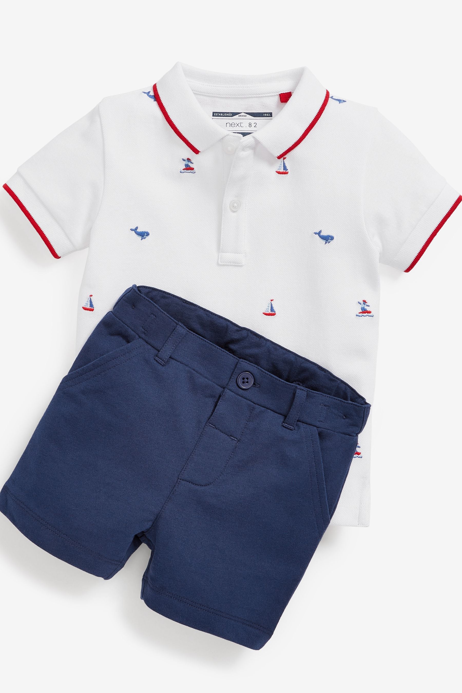 White/Navy Blue Boat Embroidery Polo And Shorts Set (3mths-7yrs)