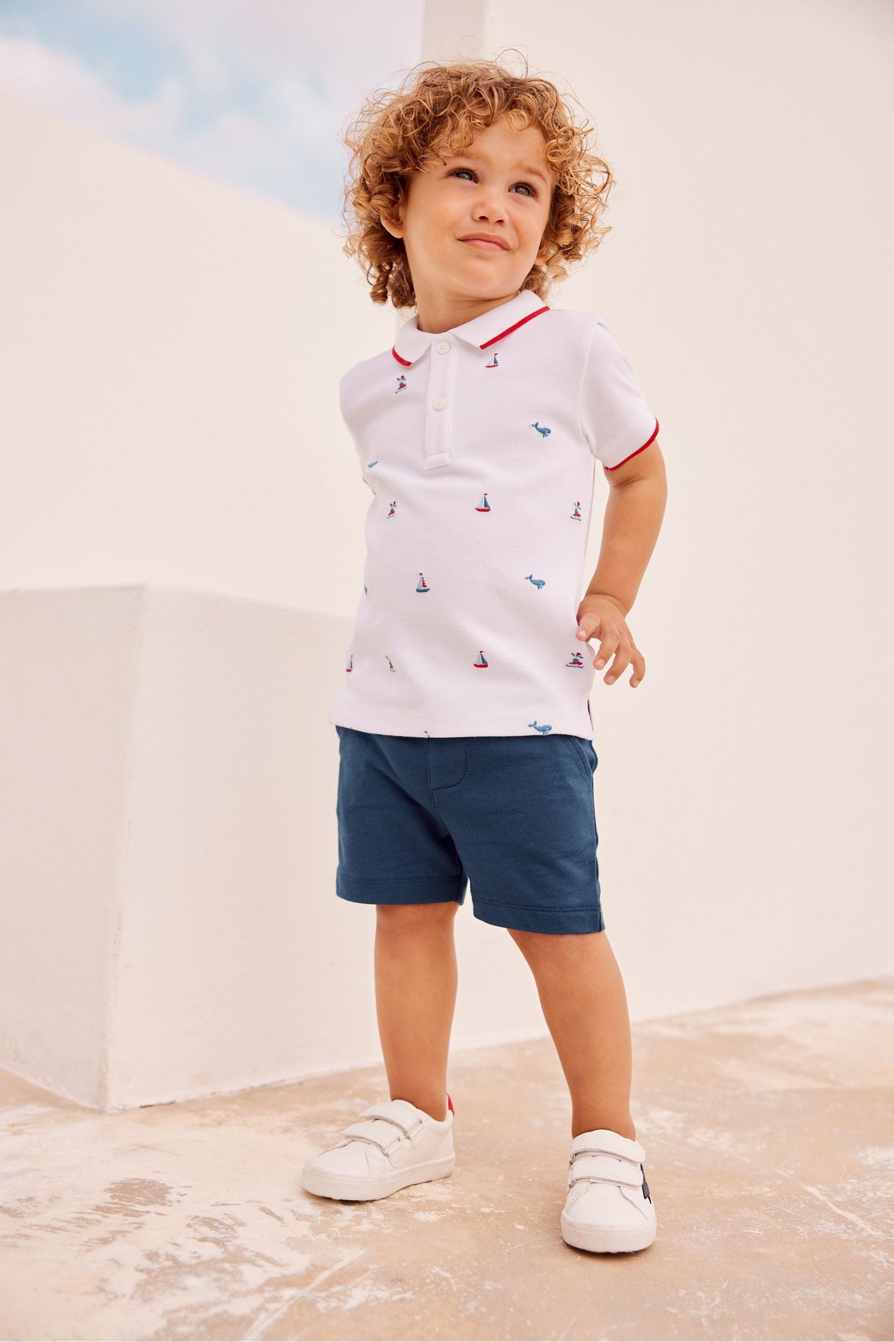 White/Navy Blue Boat Embroidery Polo And Shorts Set (3mths-7yrs)