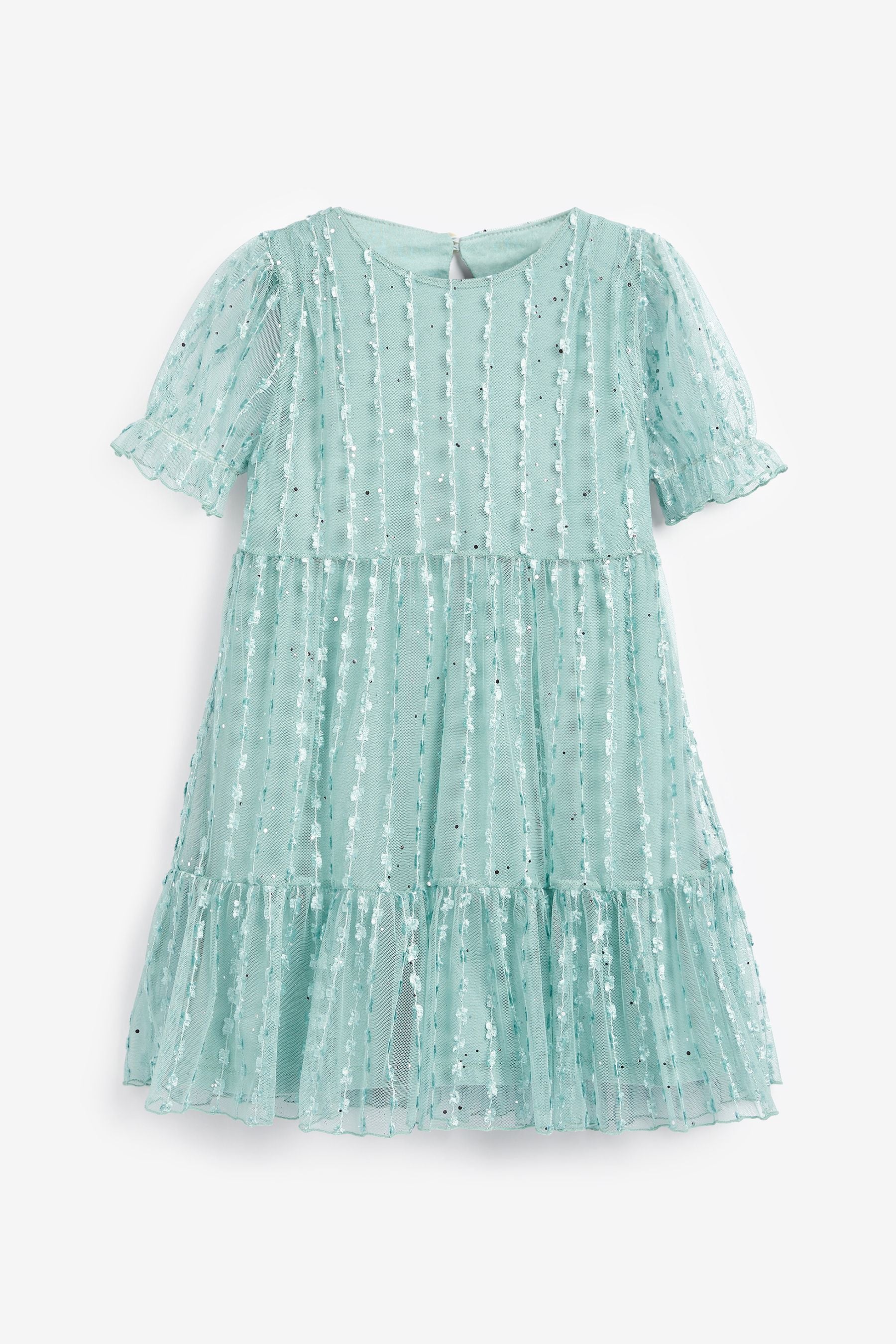 Mint Green Sparkle Mesh Short Sleeve Tiered Party Dress (3-16yrs)