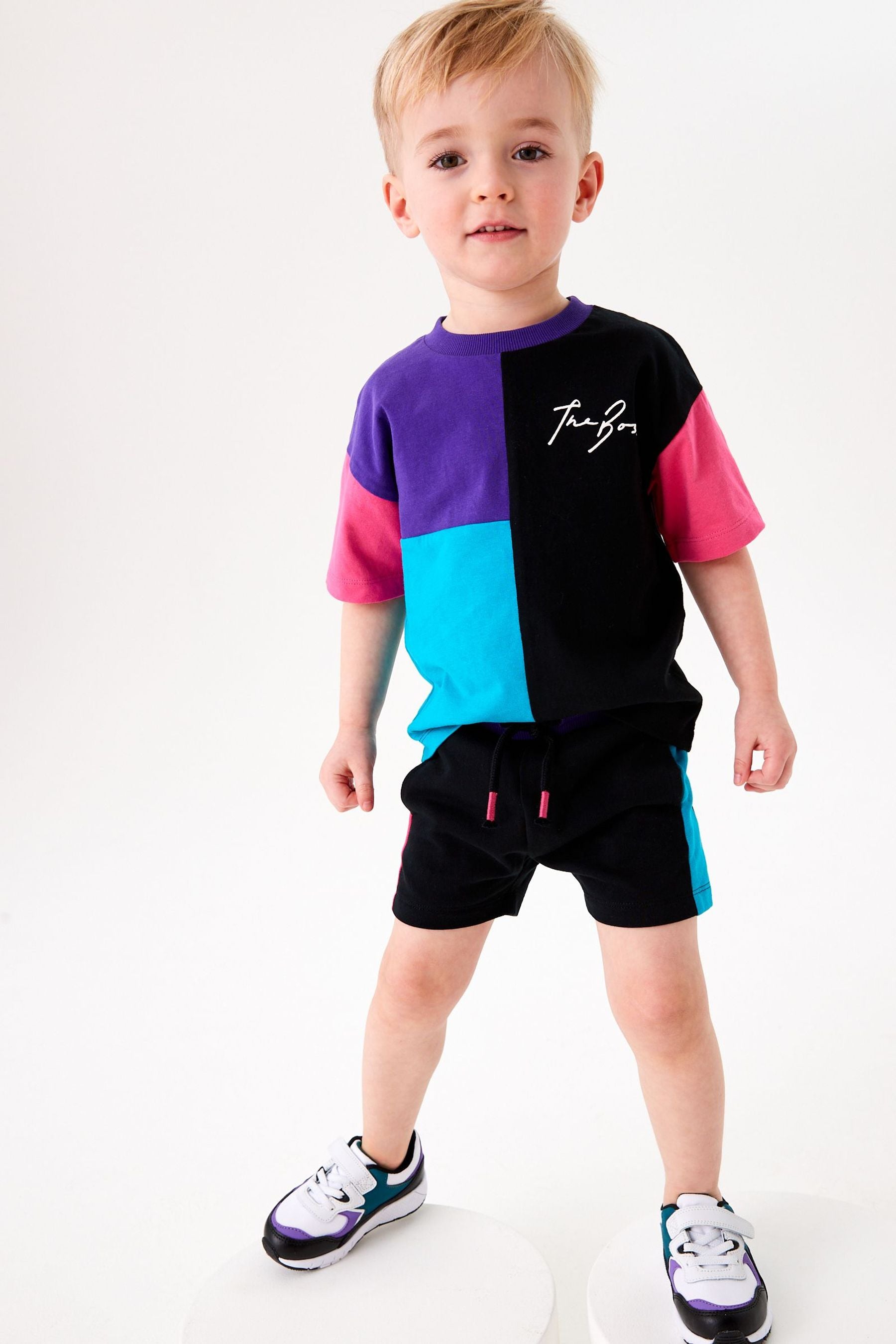 Black/Purple Oversized Colourblock T-Shirt and Short Set (3mths-7yrs)