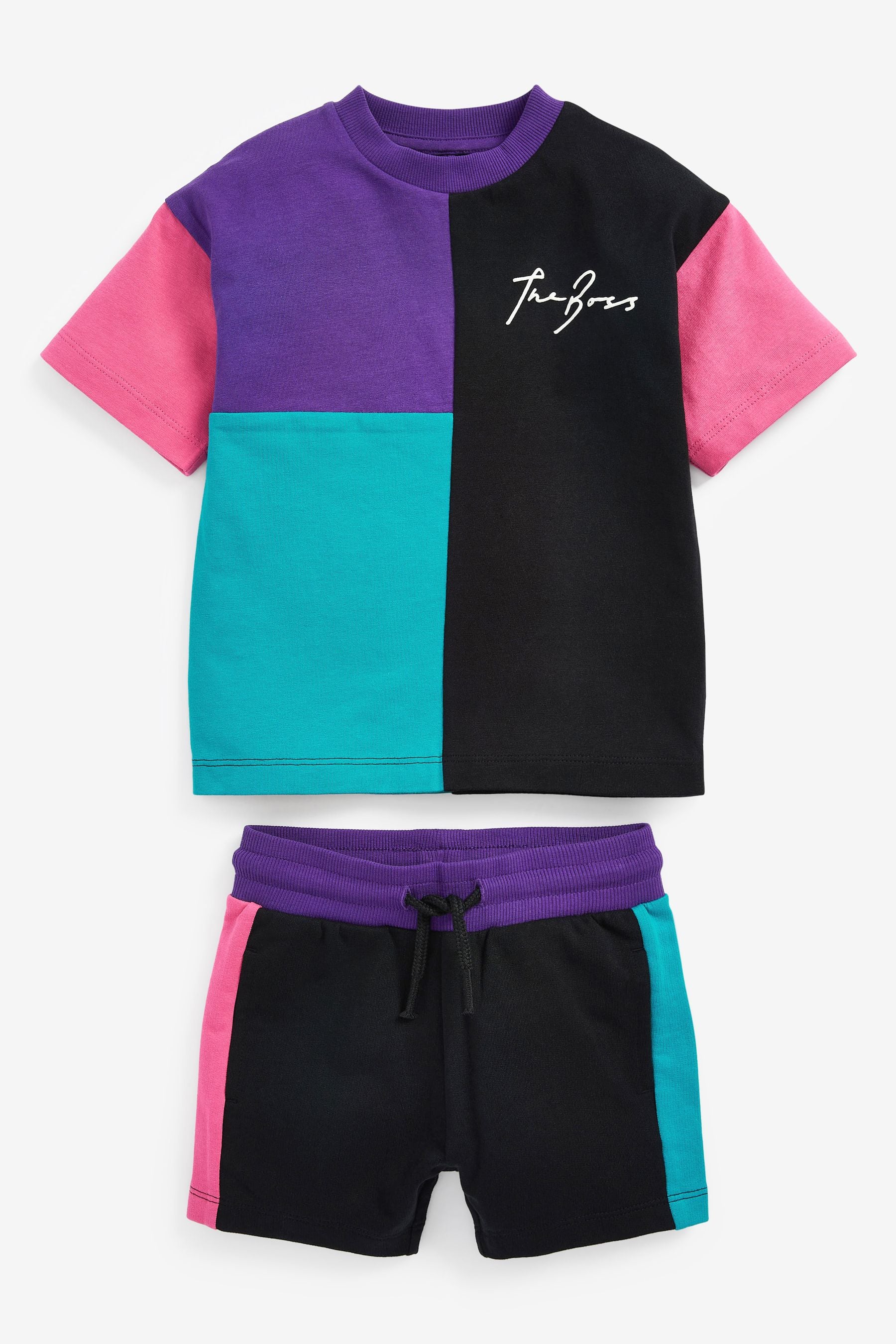 Black/Purple Oversized Colourblock T-Shirt and Short Set (3mths-7yrs)