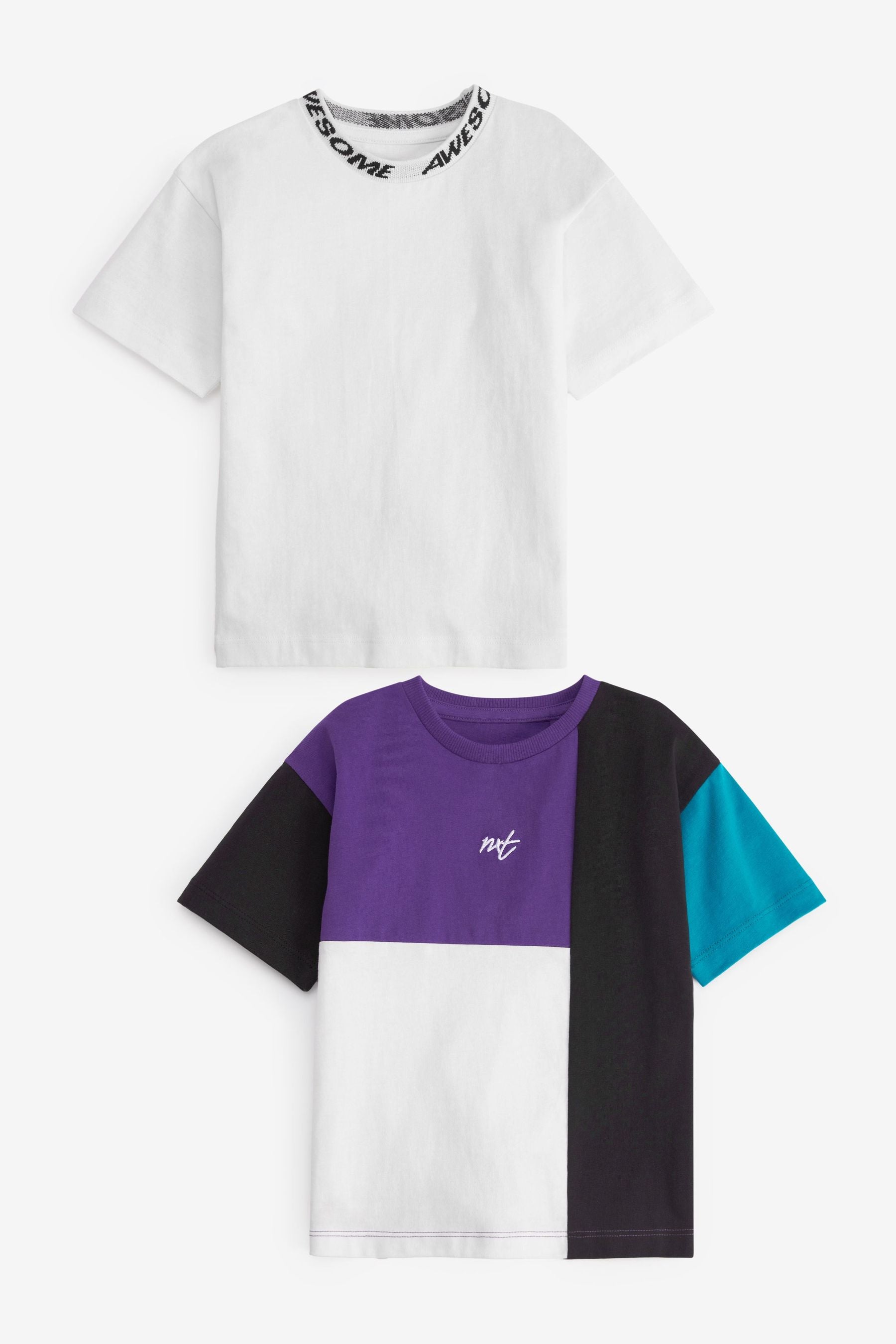 White/Purple 2 Pack Colourblock Short Sleeve T-Shirts (3mths-7yrs)