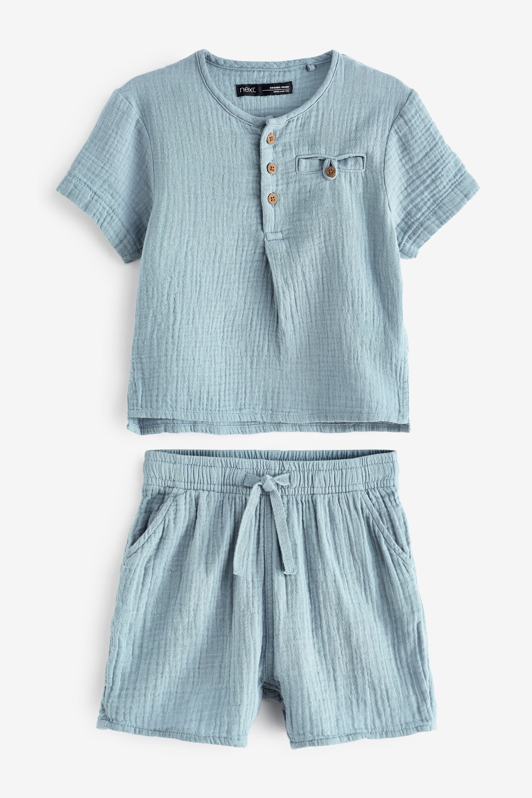 Blue Short Sleeve Muslin Cloth T-Shirt And Shorts Set (3mths-7yrs)