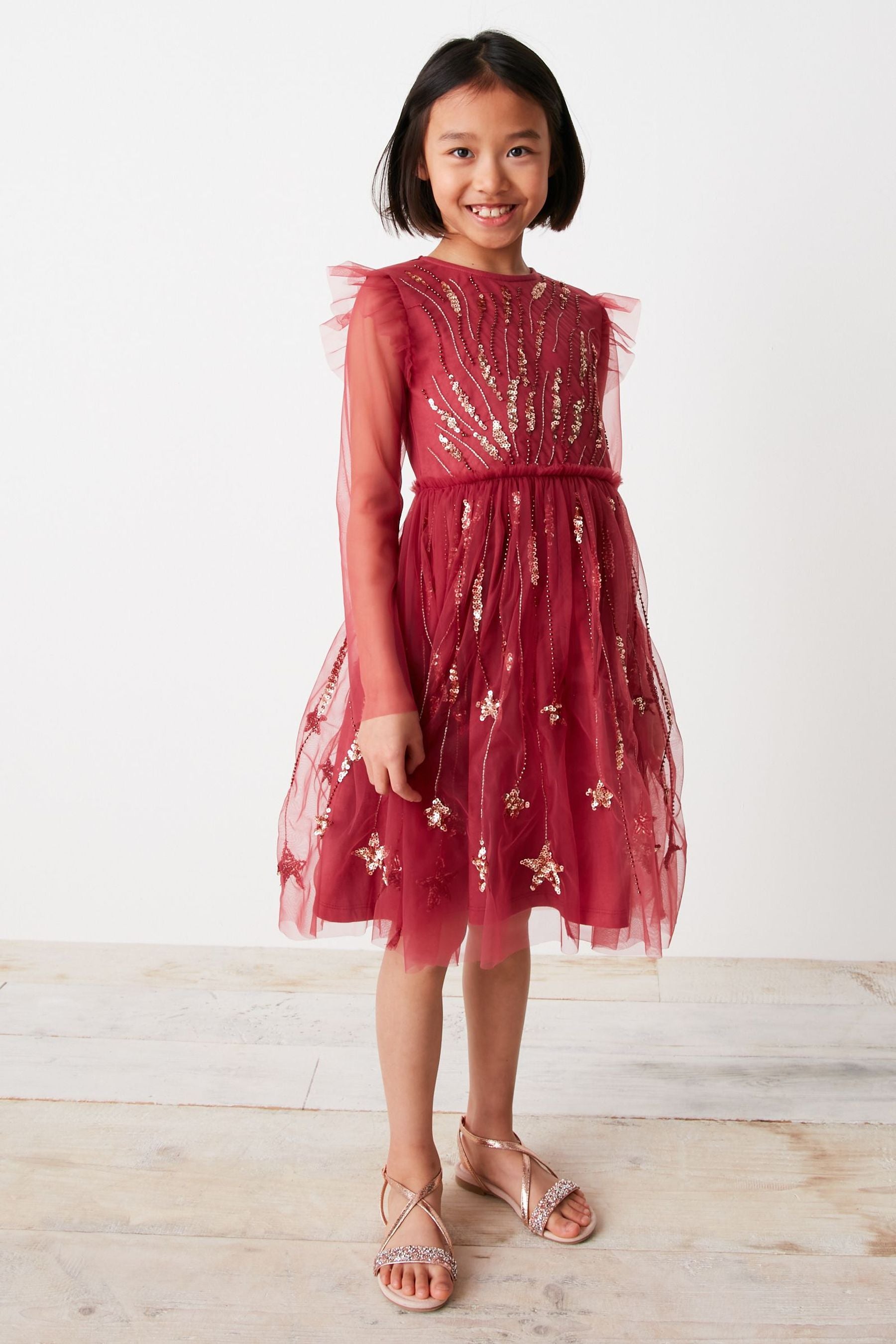 Berry Red Sparkle Embroidered Occasion Dress (3-16yrs)