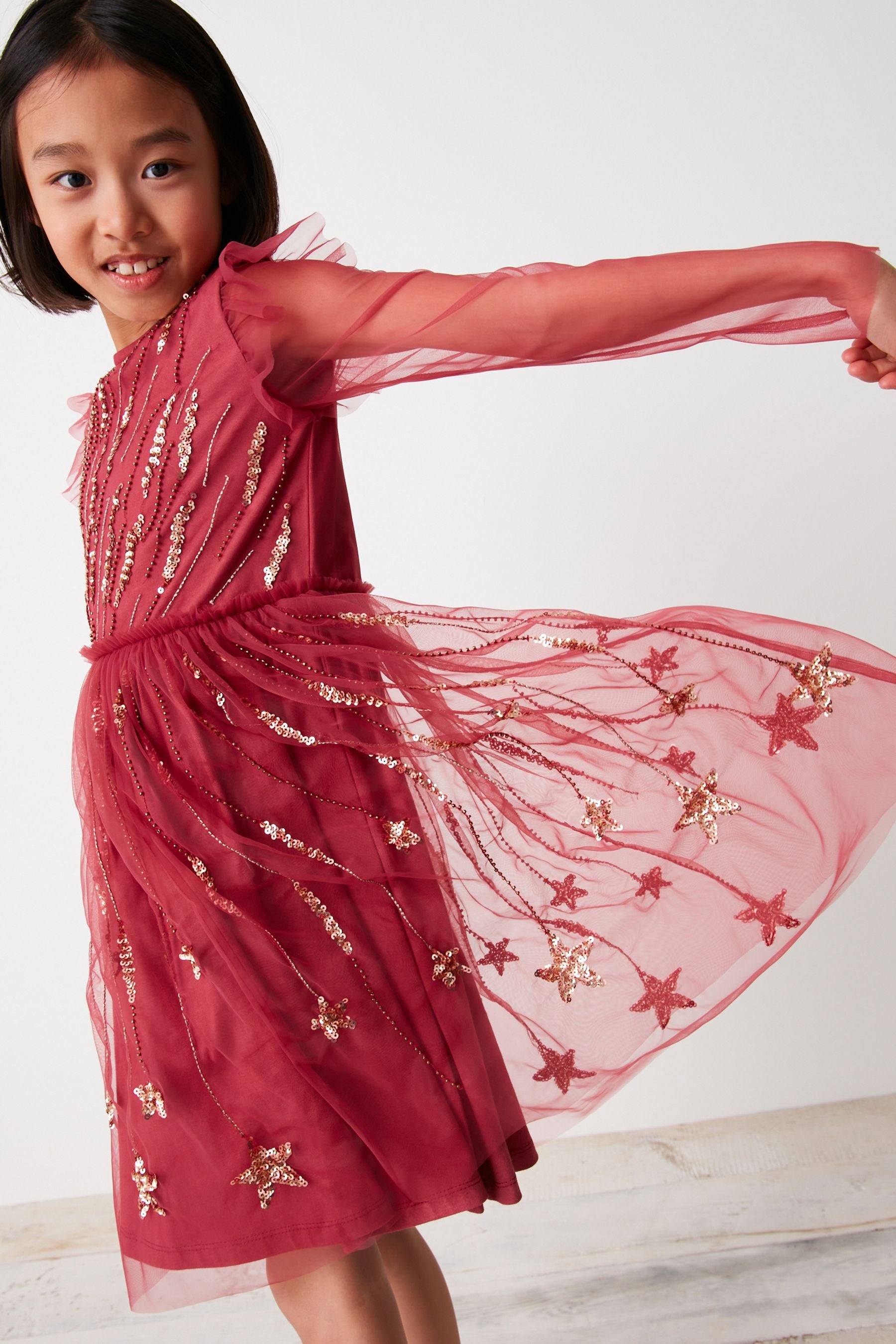 Berry Red Sparkle Embroidered Occasion Dress (3-16yrs)