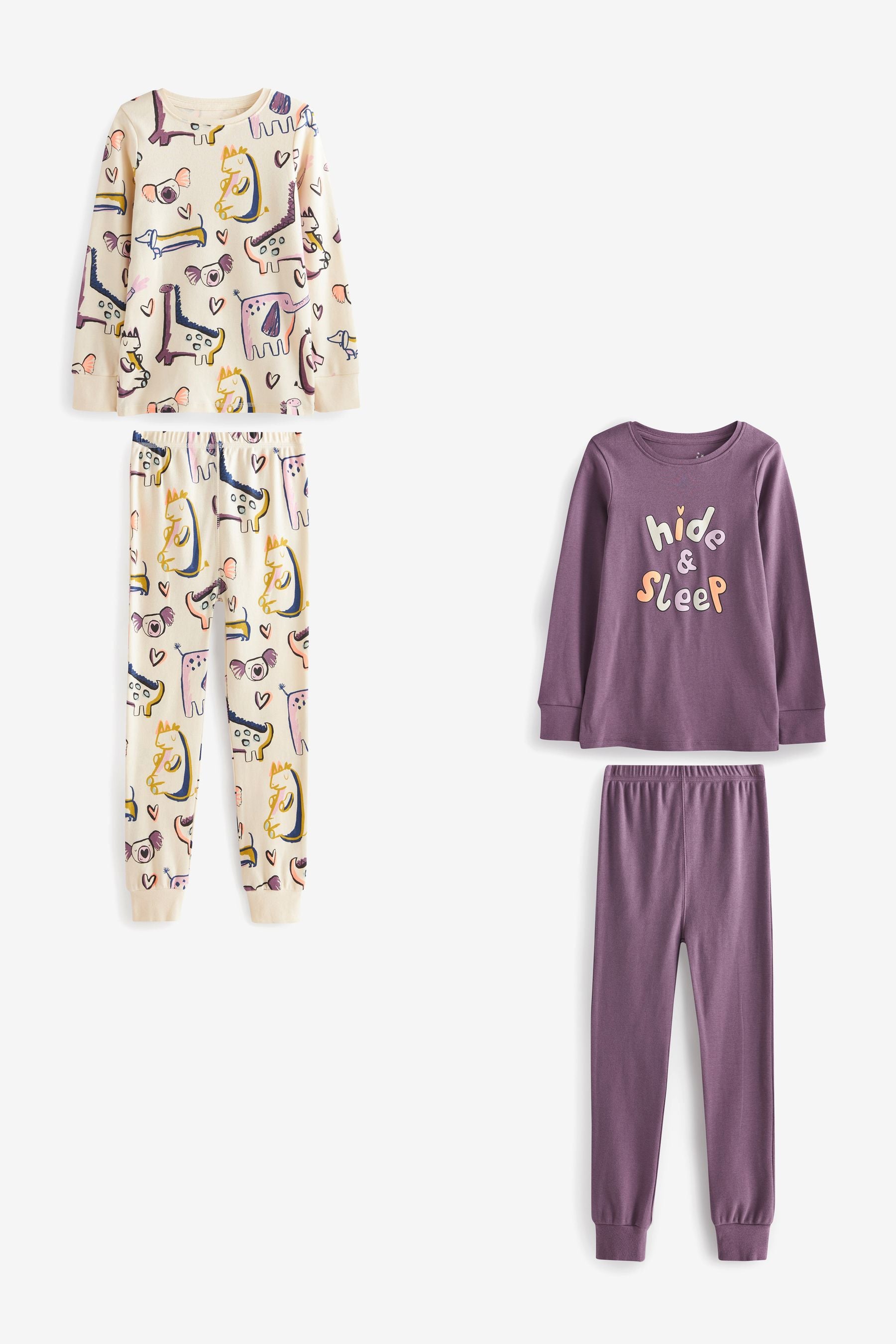 Purple 2 Pack Long Sleeve Animal Safari Pyjamas