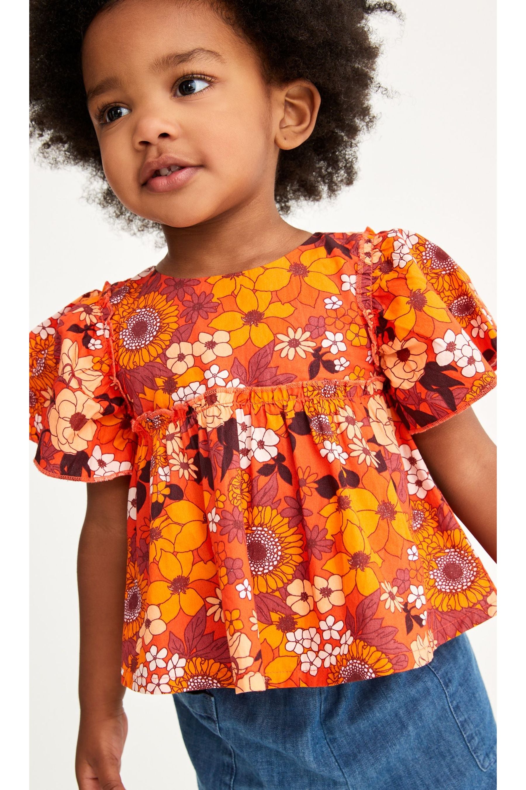 Orange Floral Blouse And Denim Set (3mths-7yrs)