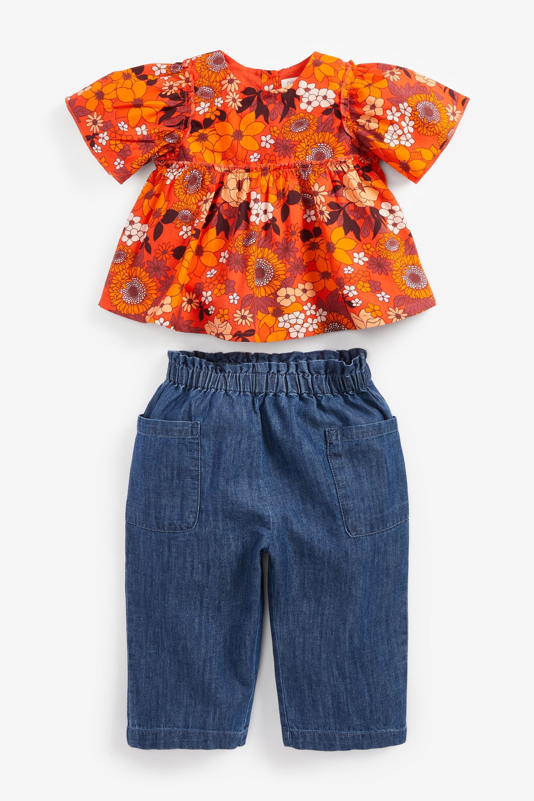 Orange Floral Blouse And Denim Set (3mths-7yrs)