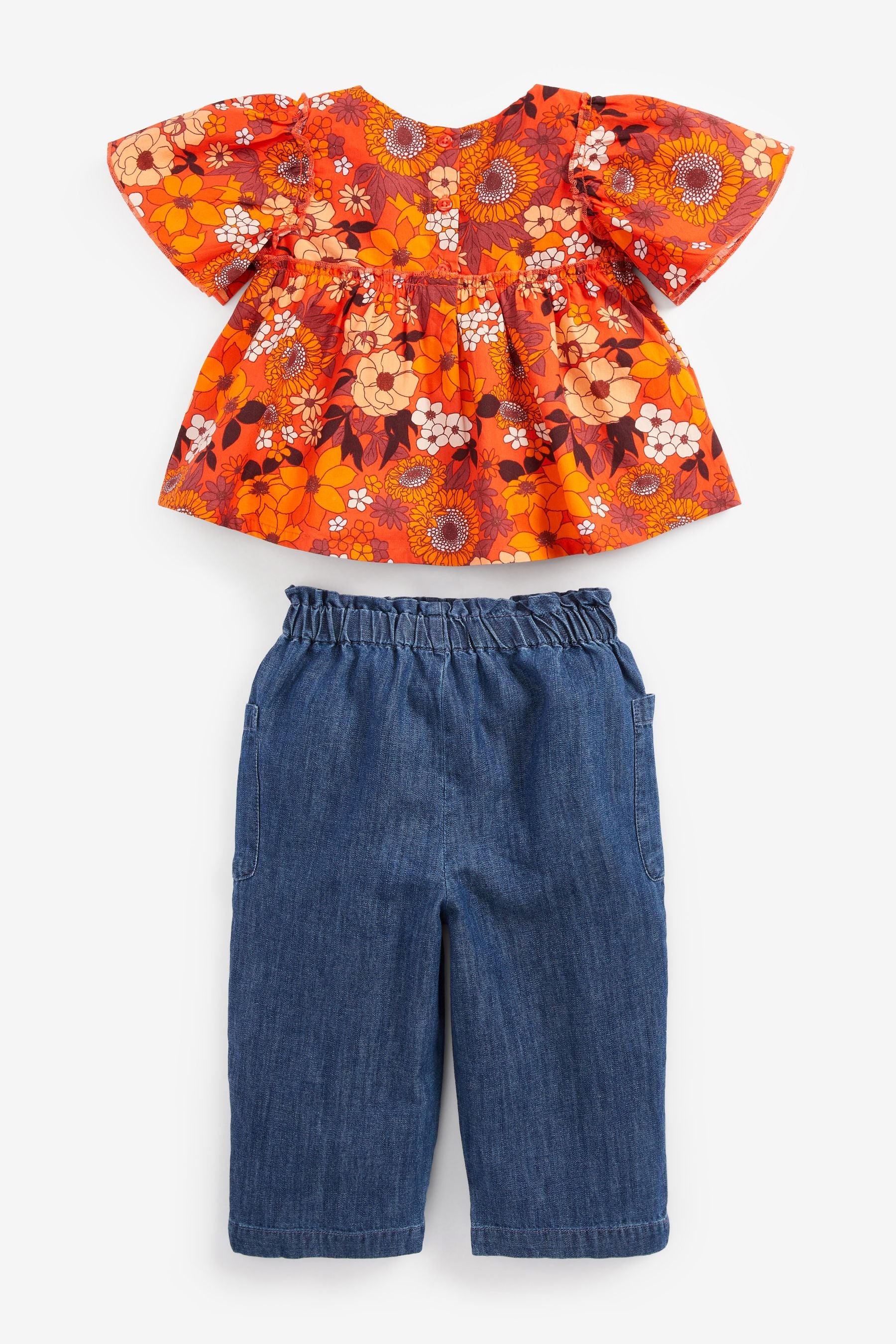 Orange Floral Blouse And Denim Set (3mths-7yrs)