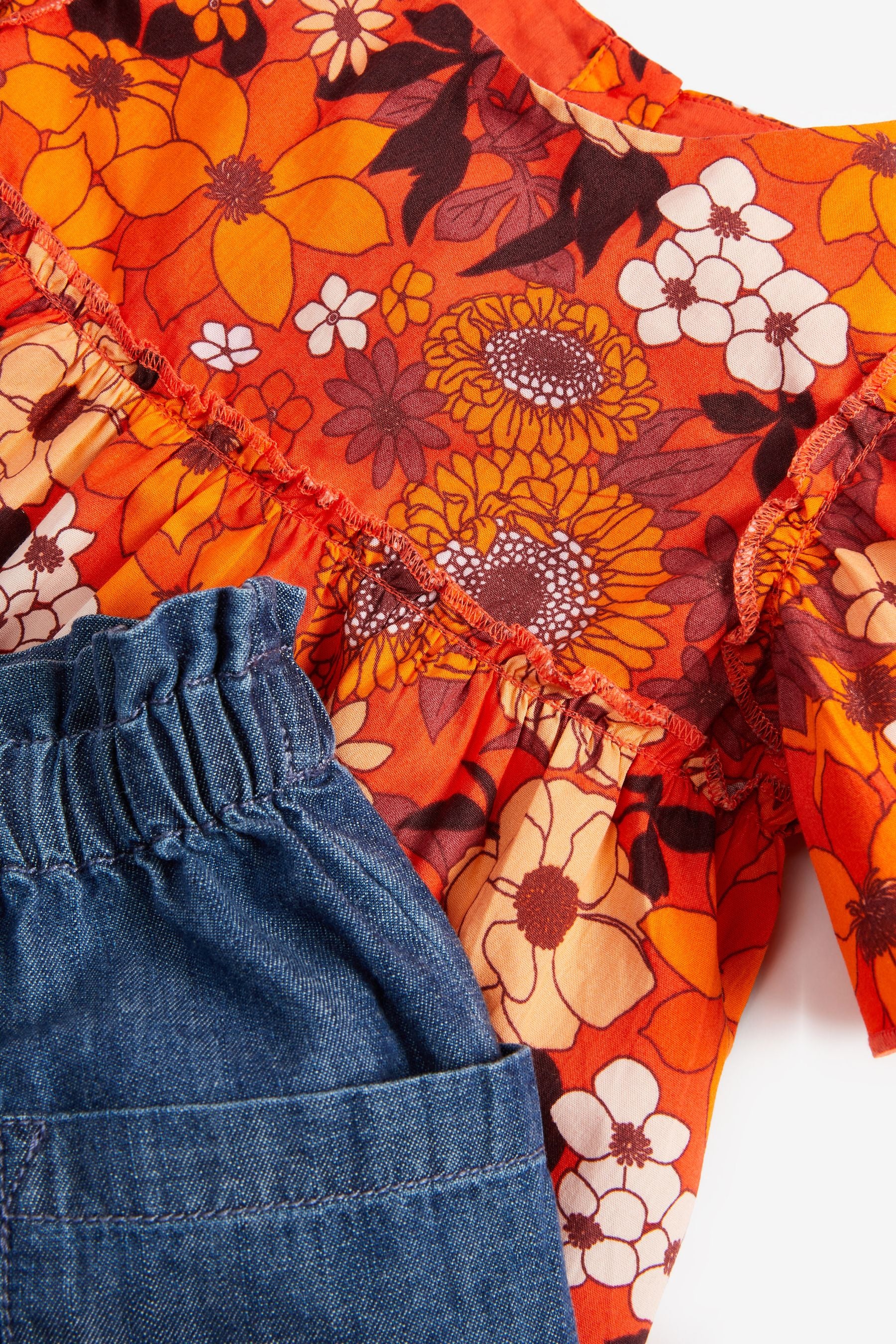 Orange Floral Blouse And Denim Set (3mths-7yrs)