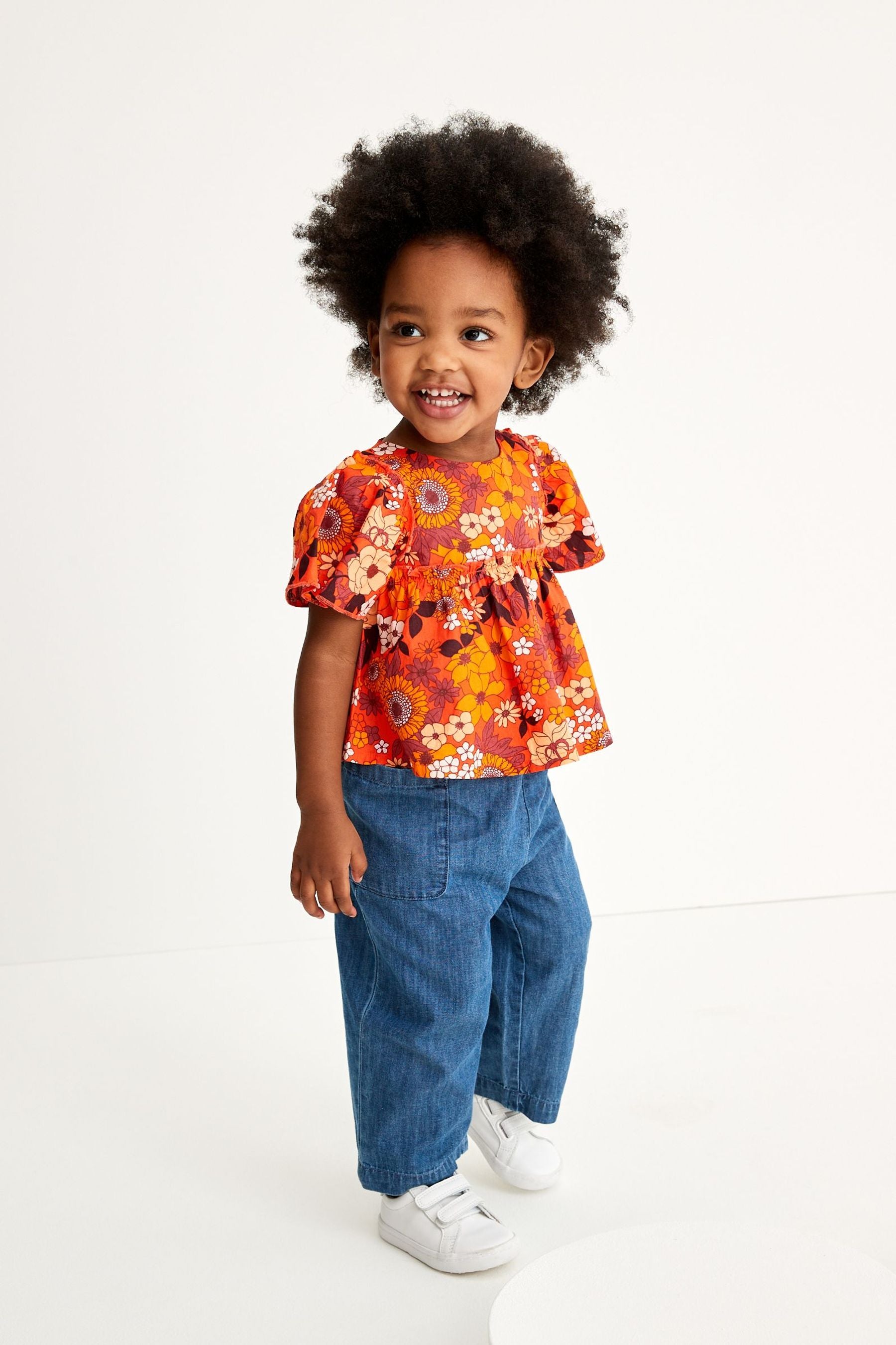 Orange Floral Blouse And Denim Set (3mths-7yrs)