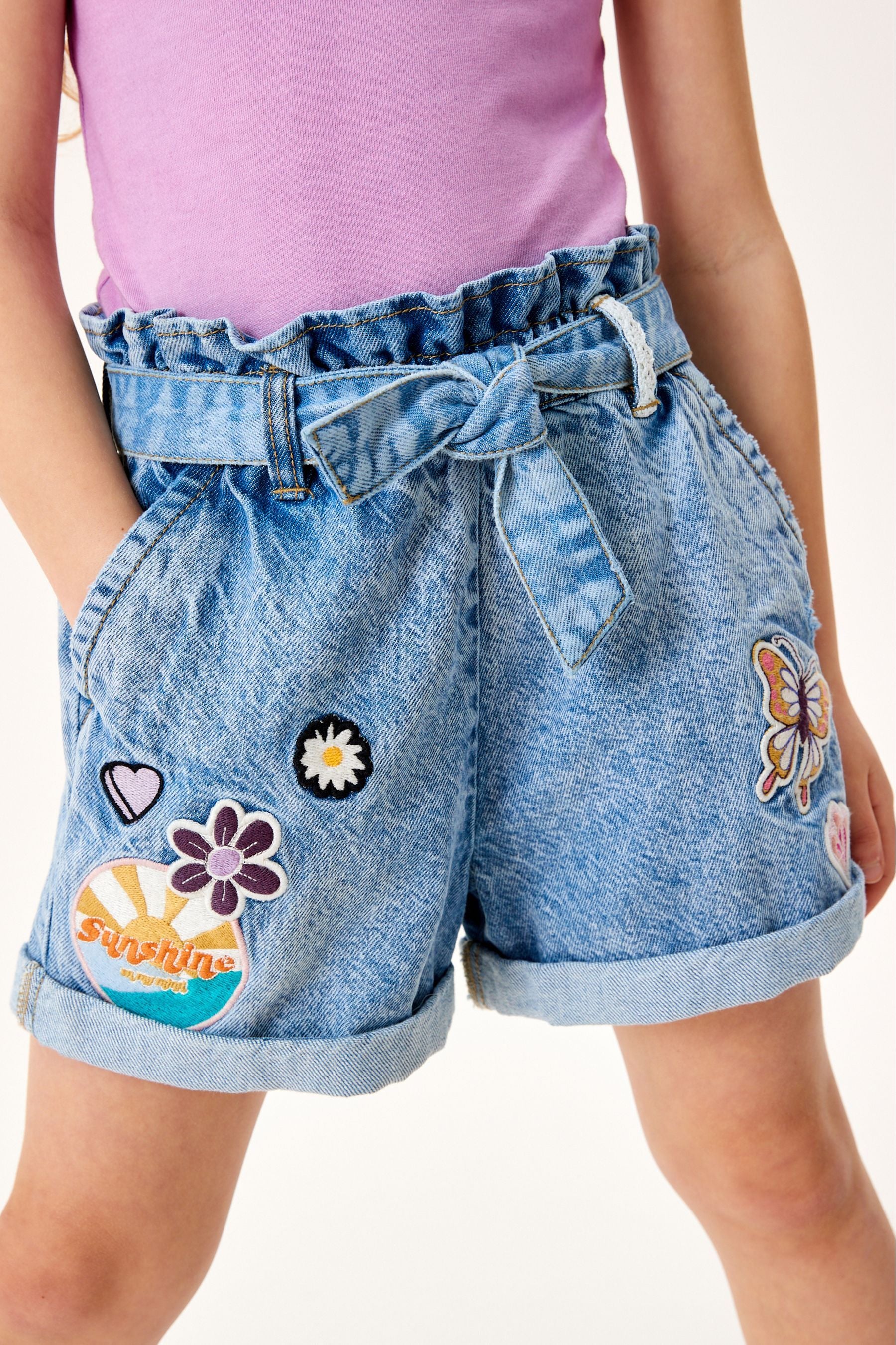 Denim Paperbag Badge Shorts (3-16yrs)