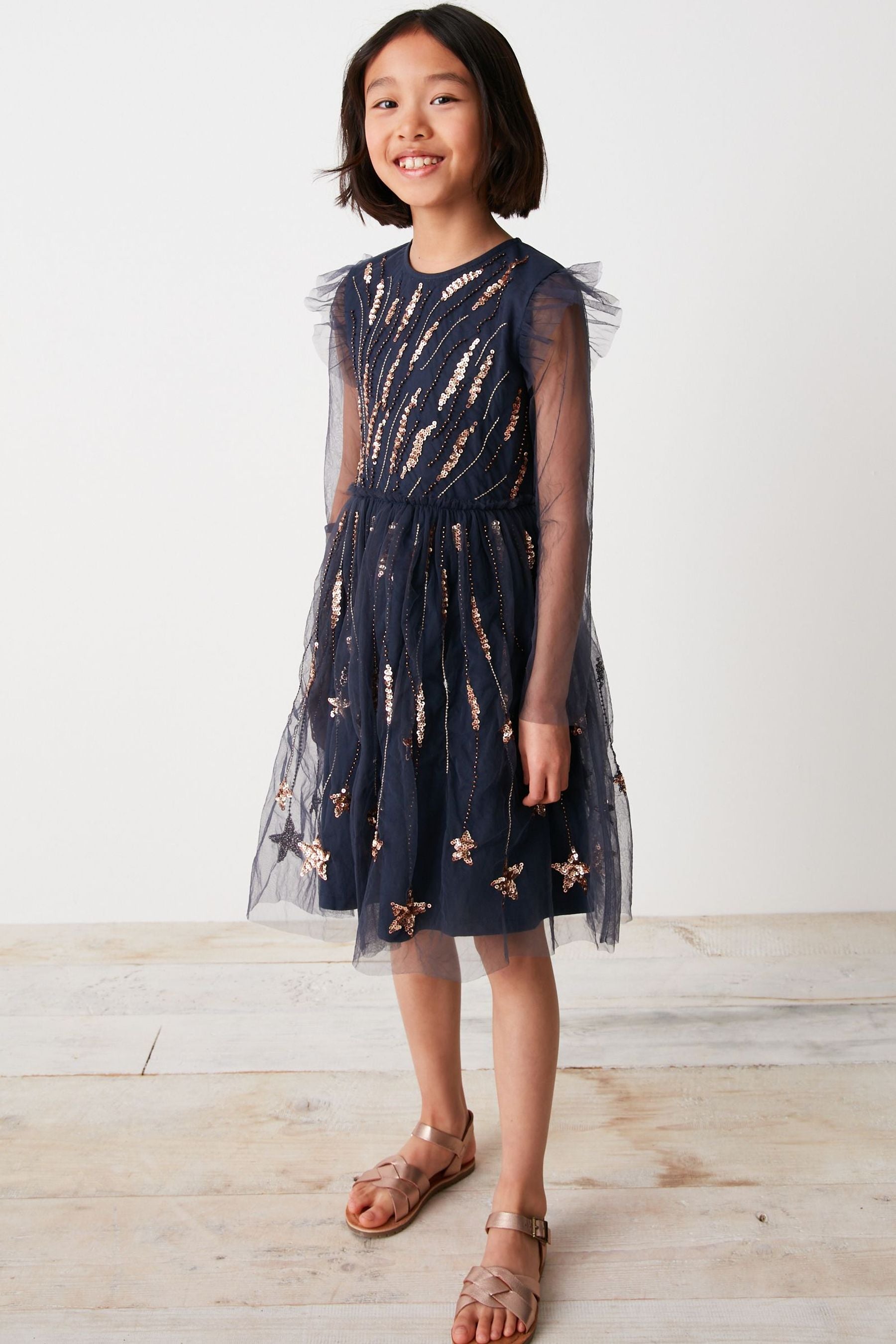 Navy Blue Sparkle Embroidered Occasion Dress (3-16yrs)