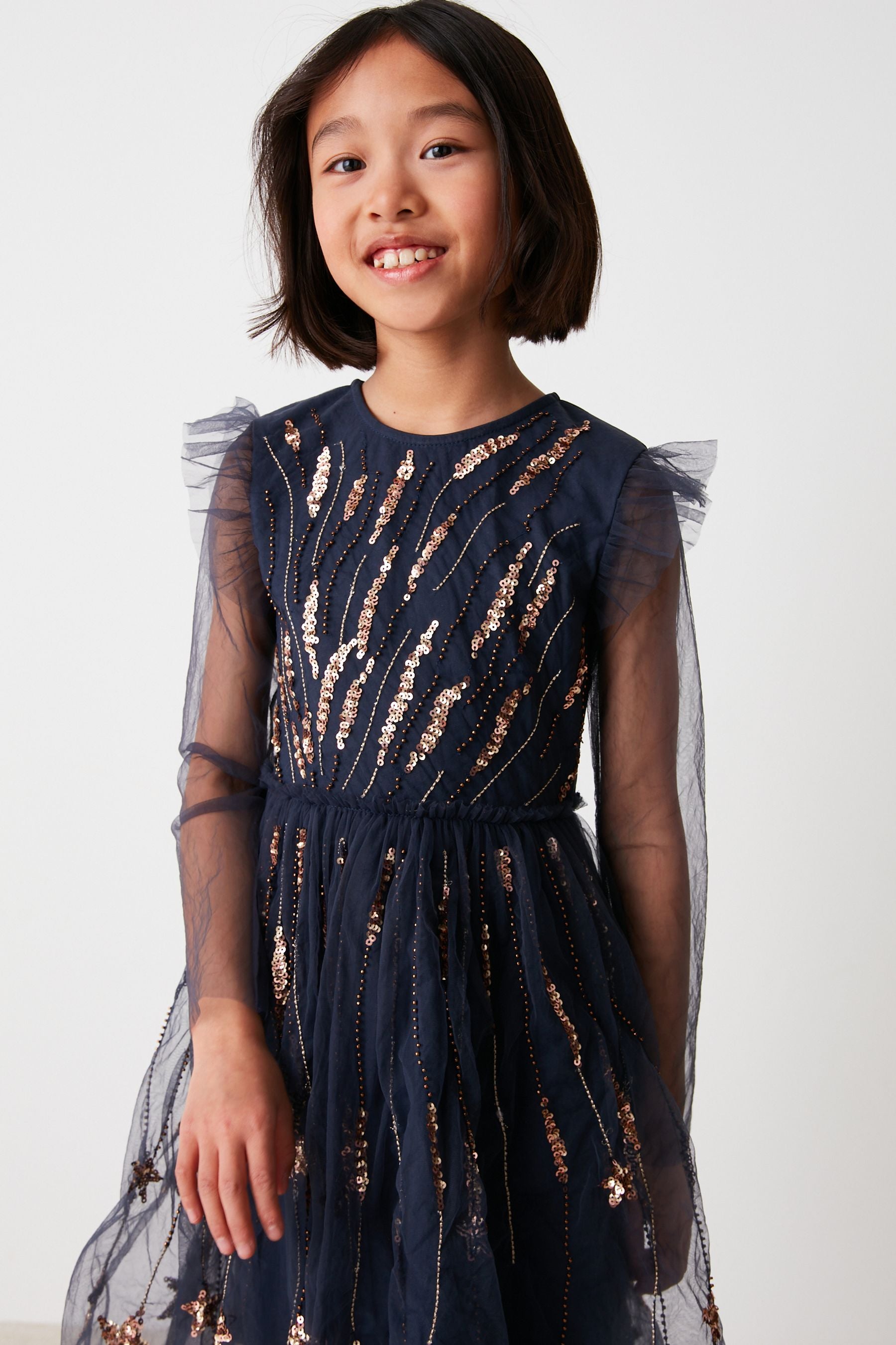 Navy Blue Sparkle Embroidered Occasion Dress (3-16yrs)